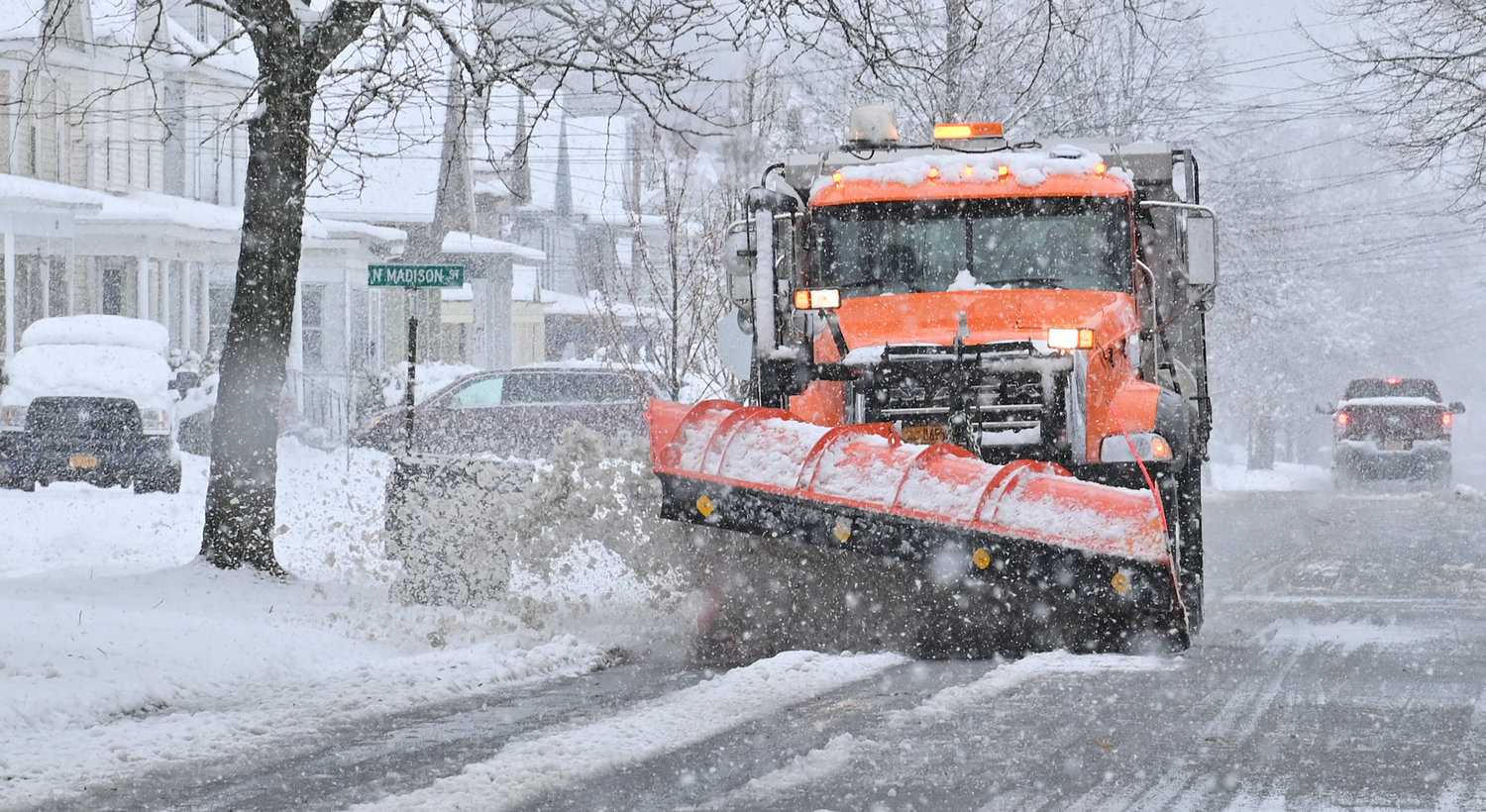 City plow on Bloomfield St. moving the heavy wet snow
