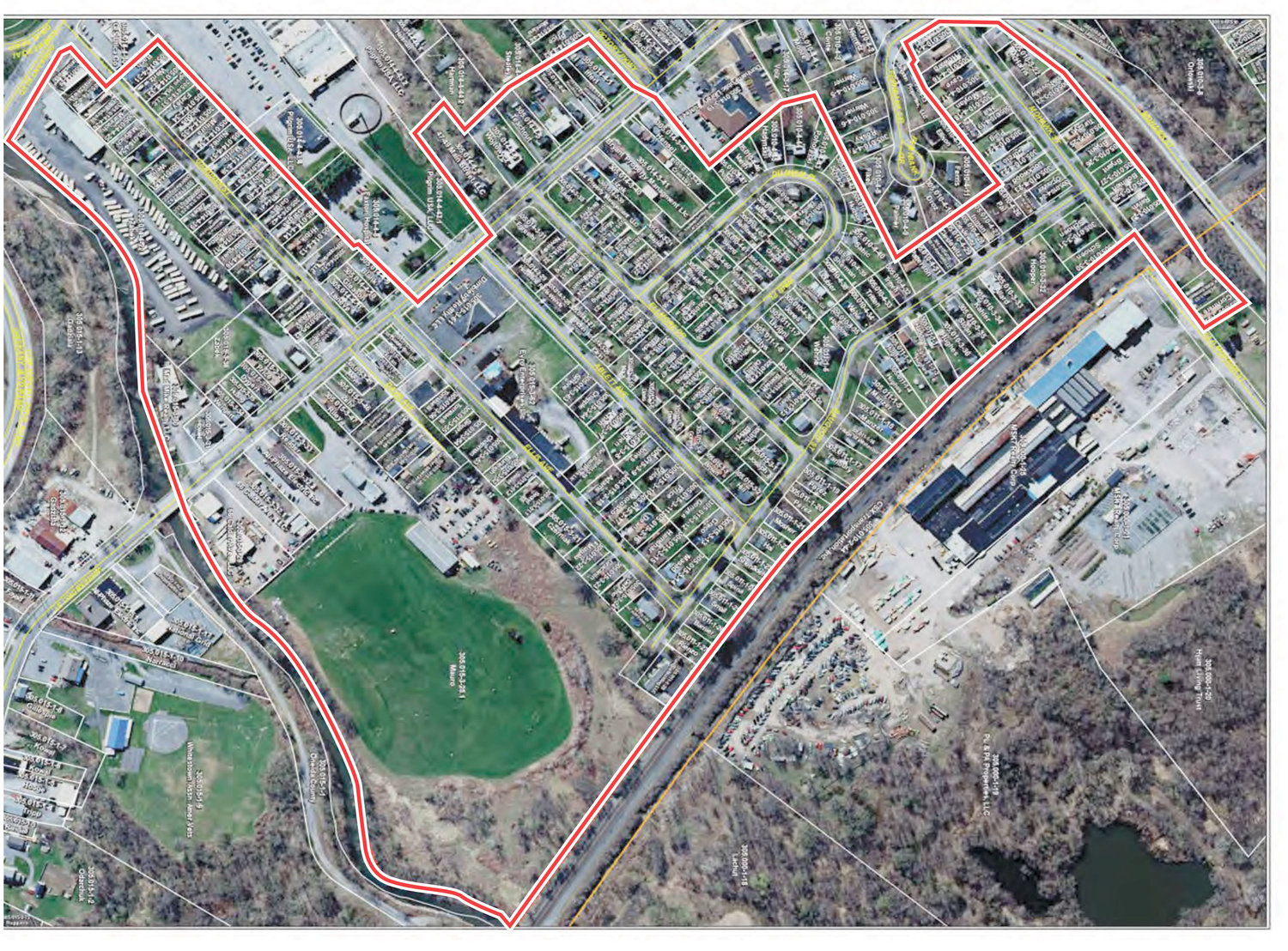 PROJECT AREA — Outlined in red is the area of Whitesboro where residents are currently being offered a property buyout through a Natural Resources Conservation Service program.