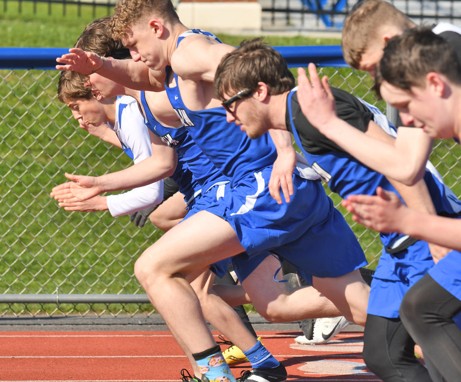 AND THEY’RE OFF — Participants take off at the start of the boys 100-meter dash with Camden and Whitesboro competiting in Wednesday’s Tri-Valley League meet in Whitesboro. Meet details were unavailable as of press time.