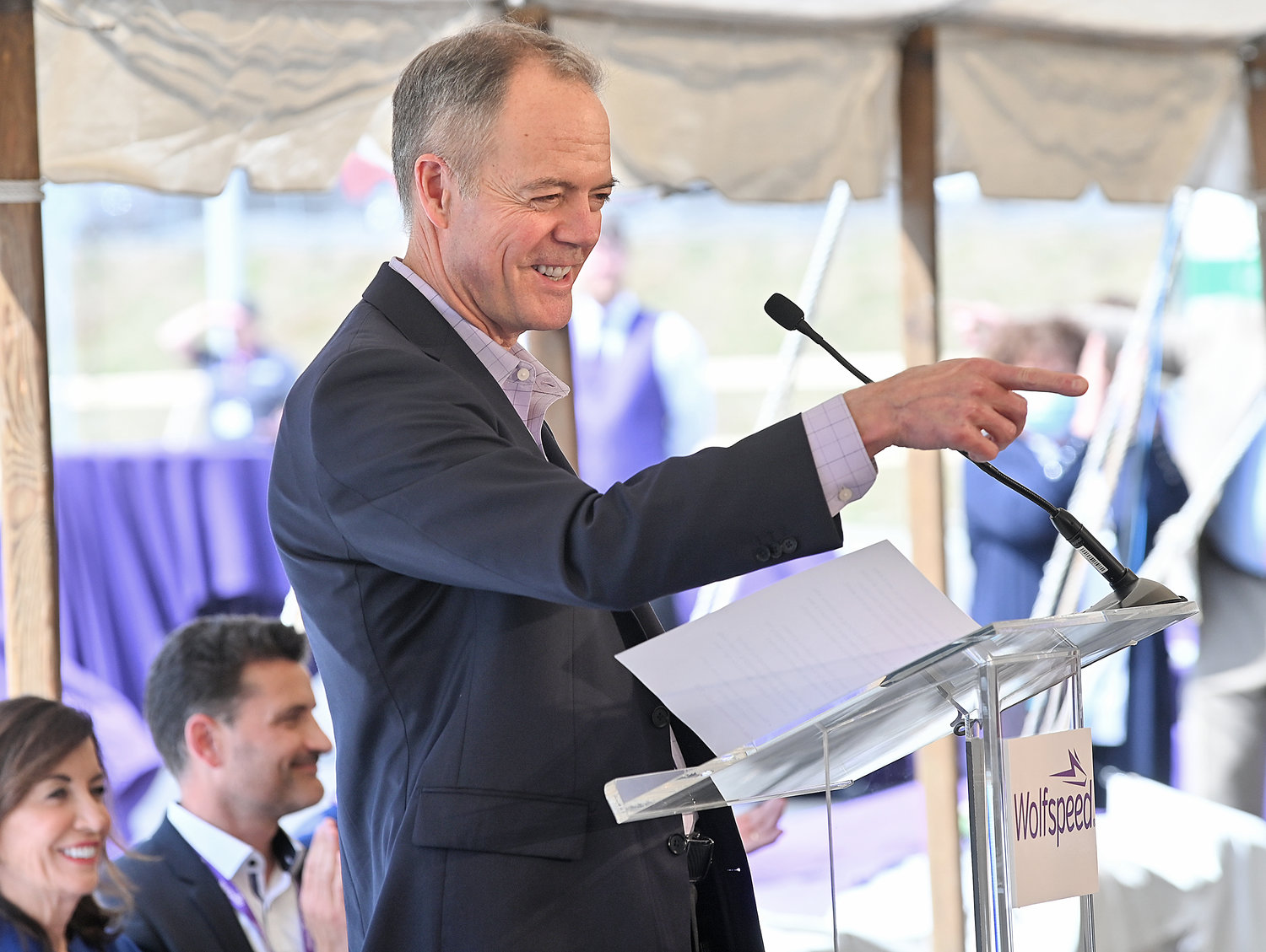 Gregg Lowe, CEO of Wolfspeed talks during a ceremony on Monday.