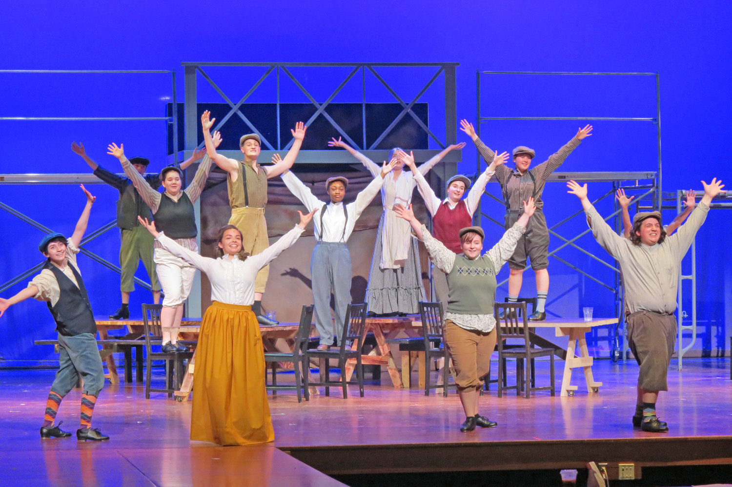 STEALING THE SHOW — The cast of Rome Free Academy's Newsies takes the stage during rehearsal for their upcoming show, to be performed at 7 p.m. Thursday, Friday and Saturday at RFA auditorium.