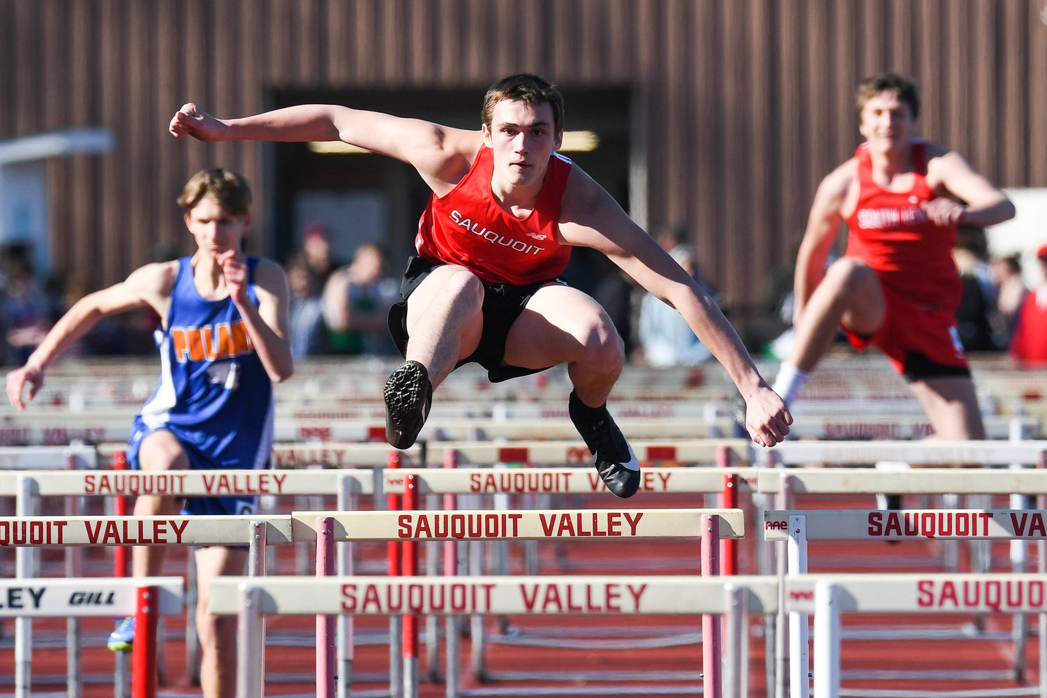 Sauquoit Valley's Brenden Lee competes in boys 110-meter hurdles during the Cahill Classic on Friday at Sauquoit Valley High School.