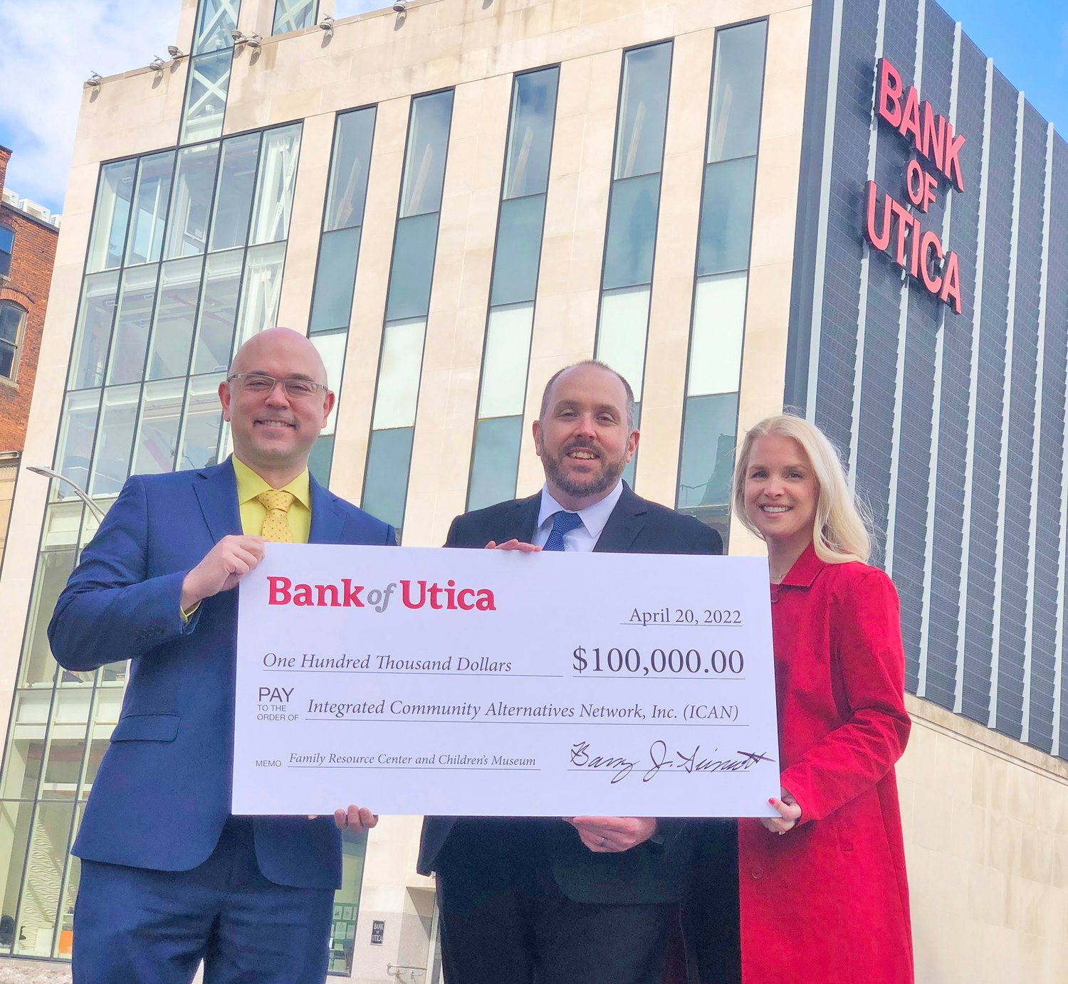 ICAN SUPPORT — The Bank of Utica has committed $100,000 for the Family Resources Center/Children’s Museum project at 106 Memorial Parkway. From left: Barry Sinnott, Bank of Utica senior vice president; Steven Bulger, ICAN CEO/executive director; and Donna Migliaccio, director of the Utica Children’s Museum.