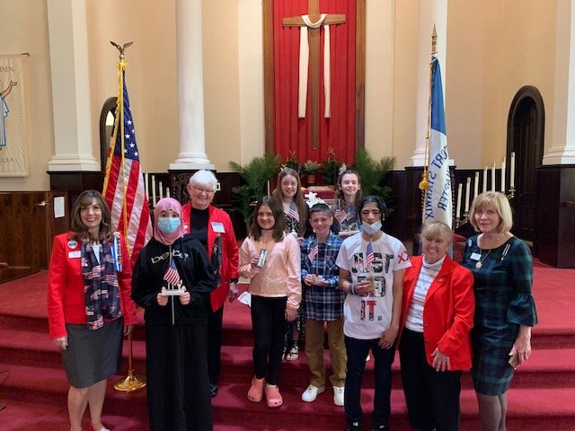 Winners of the Fort Stanwix Chapter of the National Society Daughters of the American Revolution pose for a photo with chapter officials Erin Gurdak, chapter regent;  Judy Parker, Flag Essay chair; Linda Sturtevant, American History Essay chair; and Mary Cardinale, NYDAR District V director.