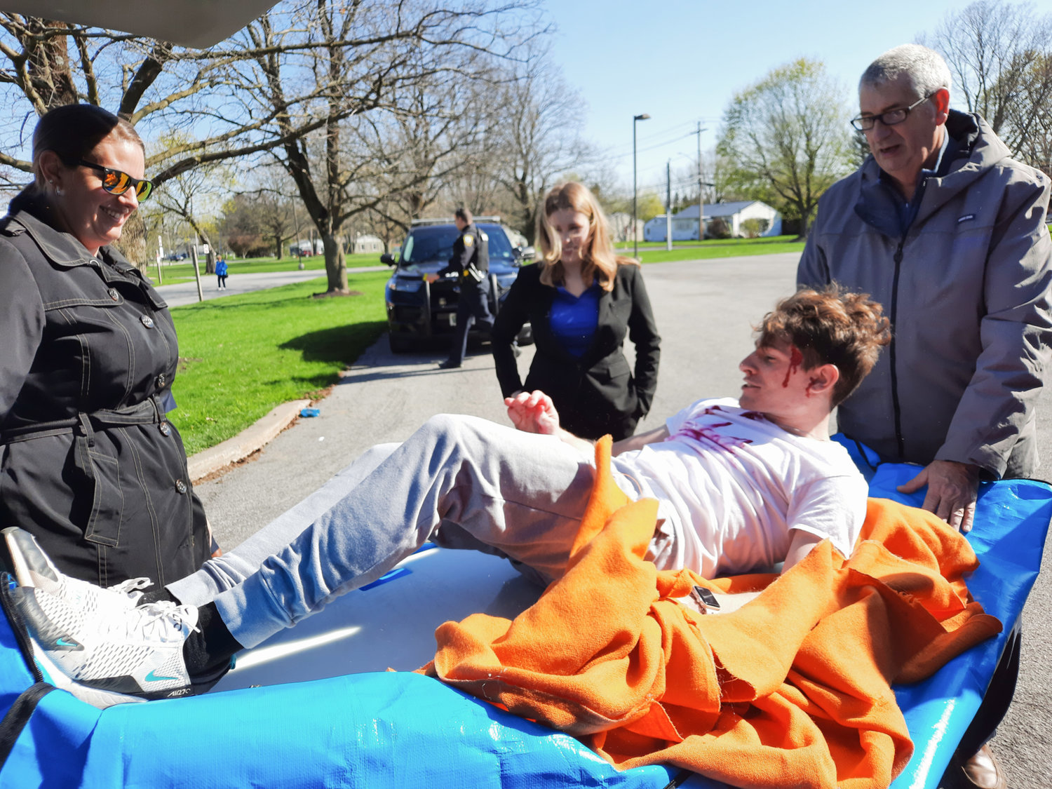 With the Mock DWI over, Oneida High School senior Joe Albertina gets out of his body bag â something not many people can say they've do