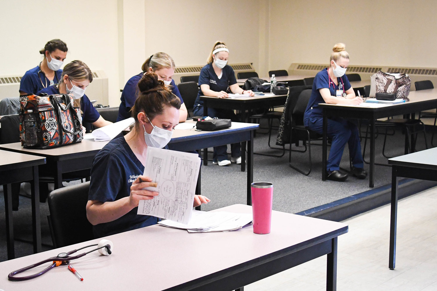 St. Elizabeth College of Nursing students attend class on April 22.