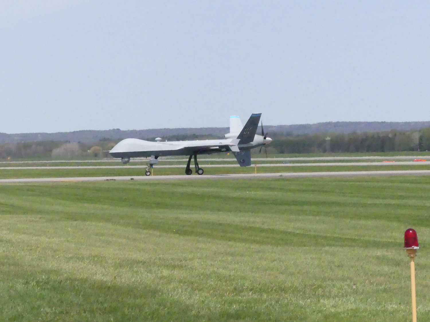 Pictured is an MQ-9 Reaper remotely piloted aircraft, took off from Hancock Field Air National Guard Base in Syracuse and landed at Griffiss International Airport in Rome Thursday, May 5.