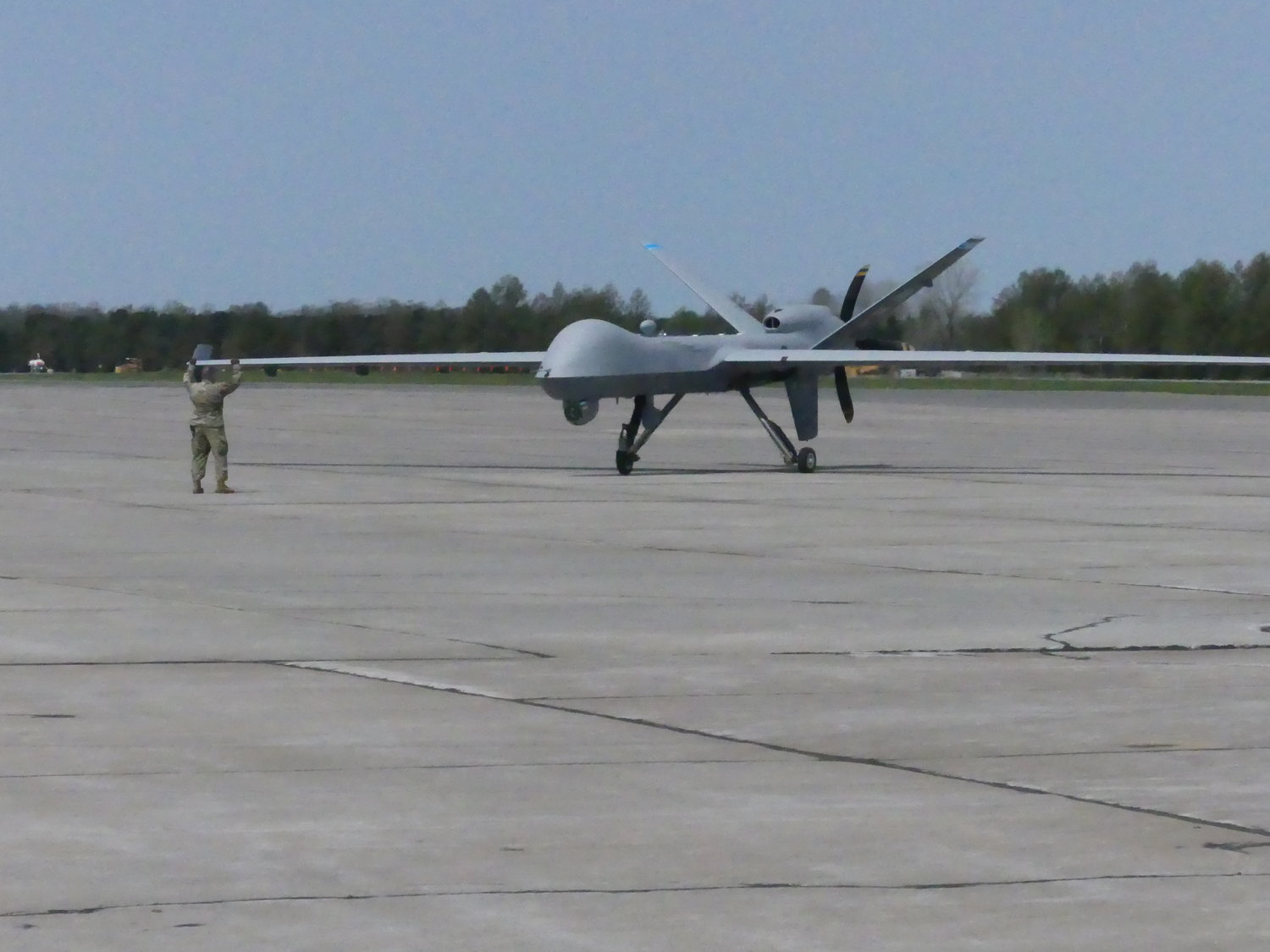 Pictured is an MQ-9 Reaper remotely piloted aircraft, took off from Hancock Field Air National Guard Base in Syracuse and landed at Griffiss International Airport in Rome Thursday, May 5.