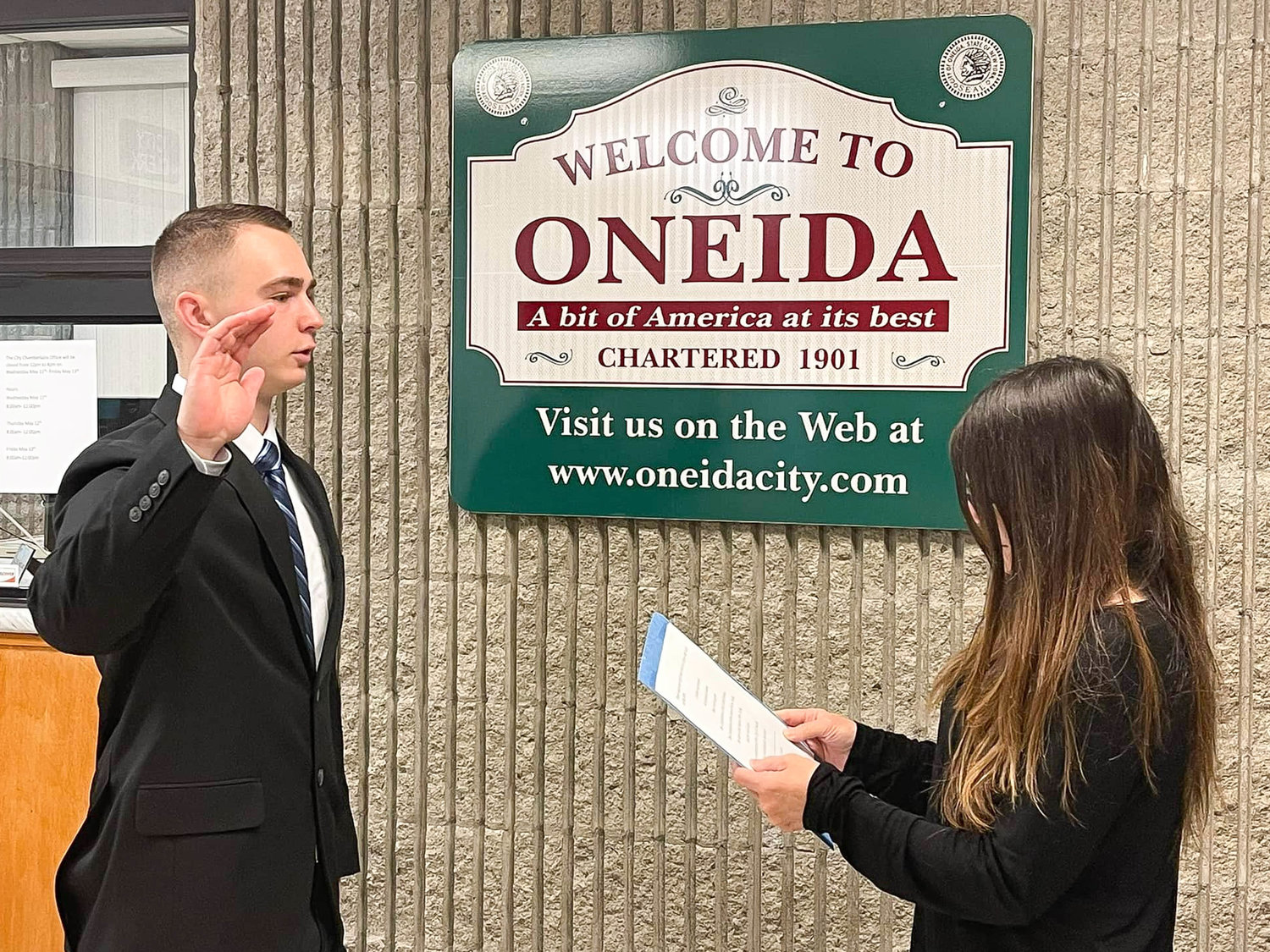 NEW ONEIDA POLICE OFFICER — Oneida Police Officer Nicholas Weber was sworn into service Monday morning in the City of Oneida, according to police officials. Weber will attend the second phase of the Police Academy before he begins in-field service. Authorities said Weber is also a sergeant in the Army National Guard.
