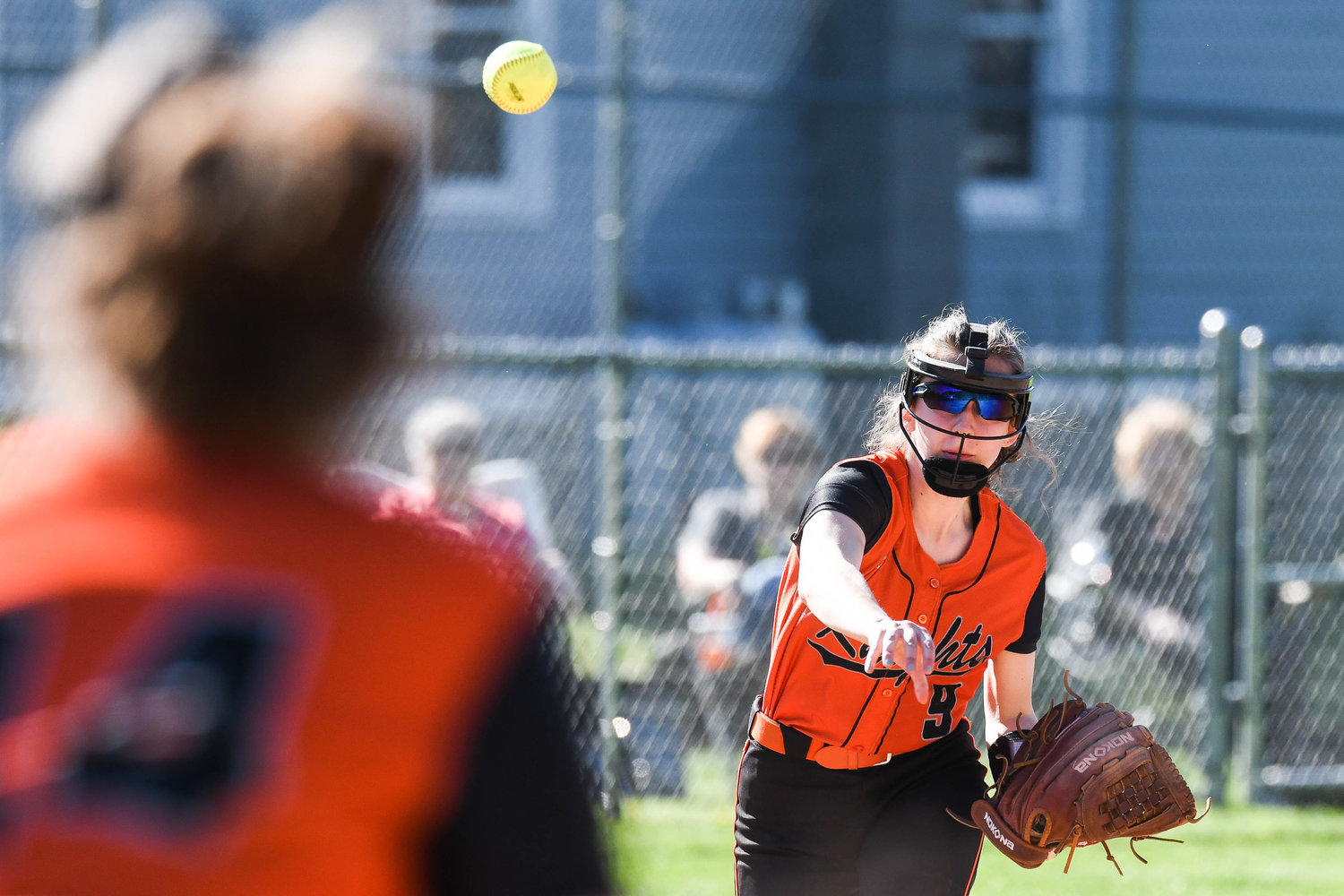 Rome Free Academy’s Adrianna Varano makes a throw to first base during the Tri-Valley League softball game against Central Valley Academy on Tuesday in Ilion. The Black Knights won 10-0.