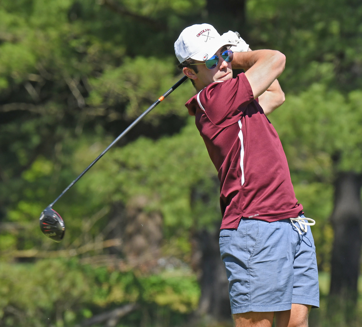 Oriskany senior Nick DeRiso watches his drive on the 10th hole at Crestwood Golf Course Wednesday against Holland Patent. DeRiso has had at least a share of the team’s best score in seven of eight matches this season. Oriskany was 8-0 after the win against HP.
