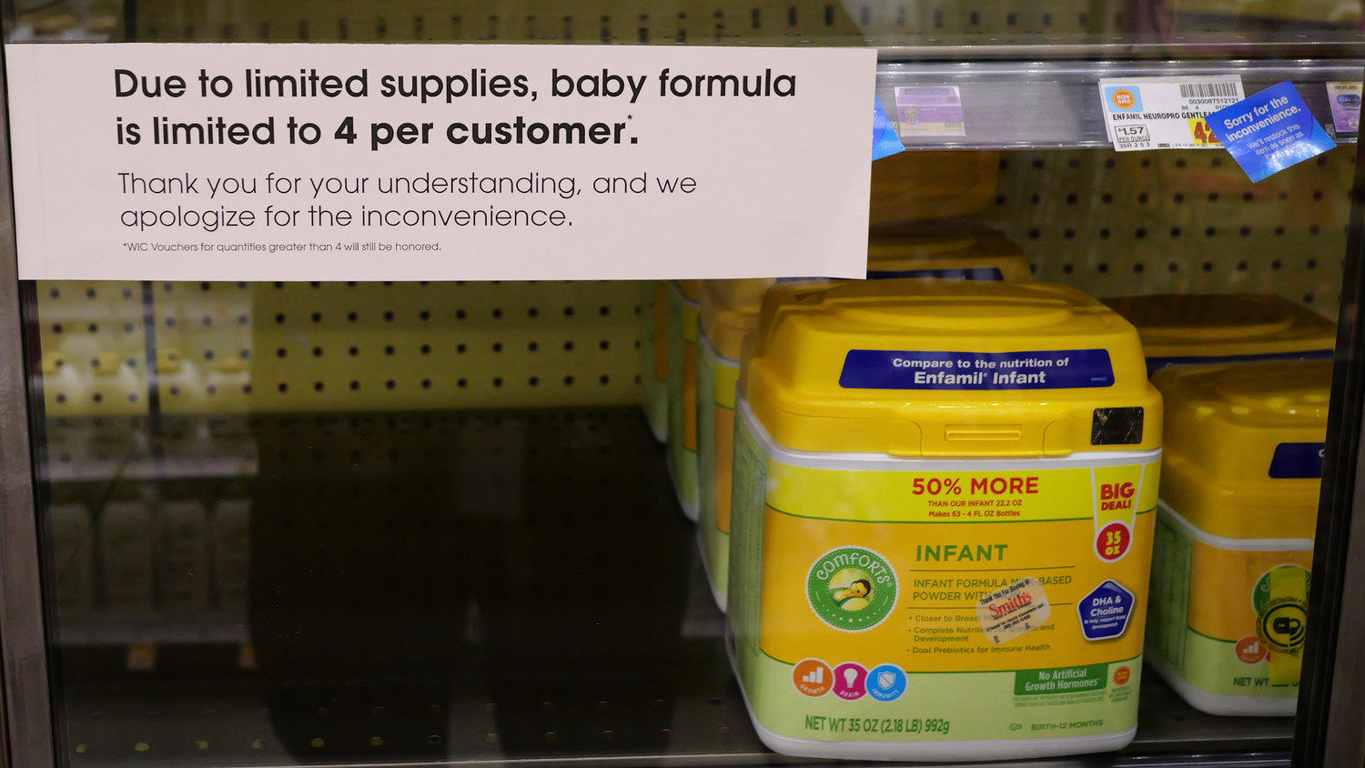 A due to limited supplies sign is displayed on the baby formula shelf at a grocery store Tuesday, May 10, 2022, in Salt Lake City. Parents across much of the U.S. are scrambling to find baby formula after a combination of supply disruptions and safety recalls have swept many of the leading brands off store shelves. (AP Photo/Rick Bowmer)