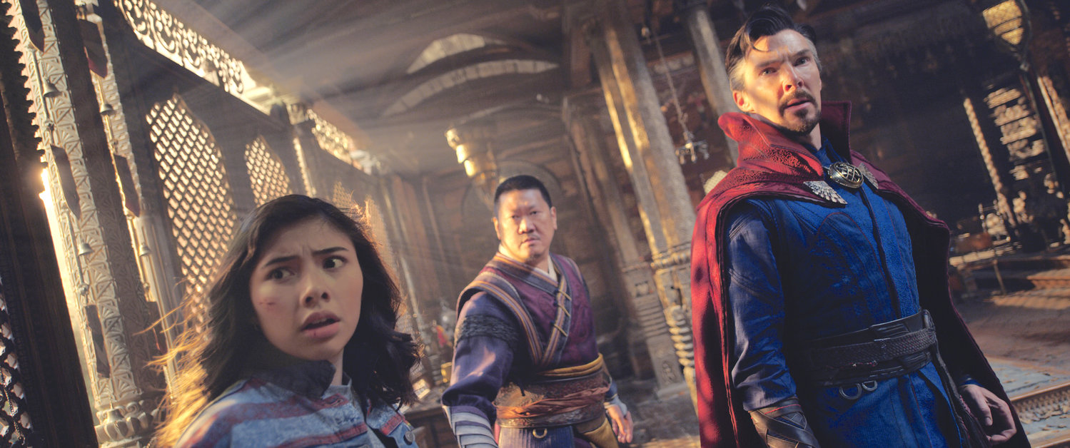 From left, Xochitl Gomez as America Chavez, Benedict Wong as Wong, and Benedict Cumberbatch as Dr. Stephen Strange in a scene from “Doctor Strange in the Multiverse of Madness.”