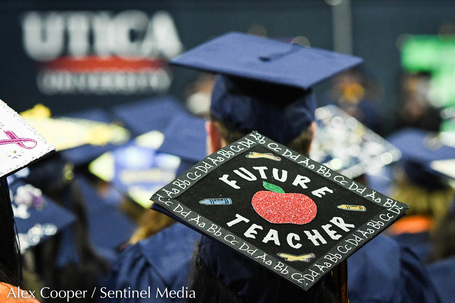 "Future Teacher" decorates a graduate's cap as Utica University celebrated its undergraduate commencement ceremony on Thursday at the Adirondack Bank Center at the Utica Memorial Auditorium.