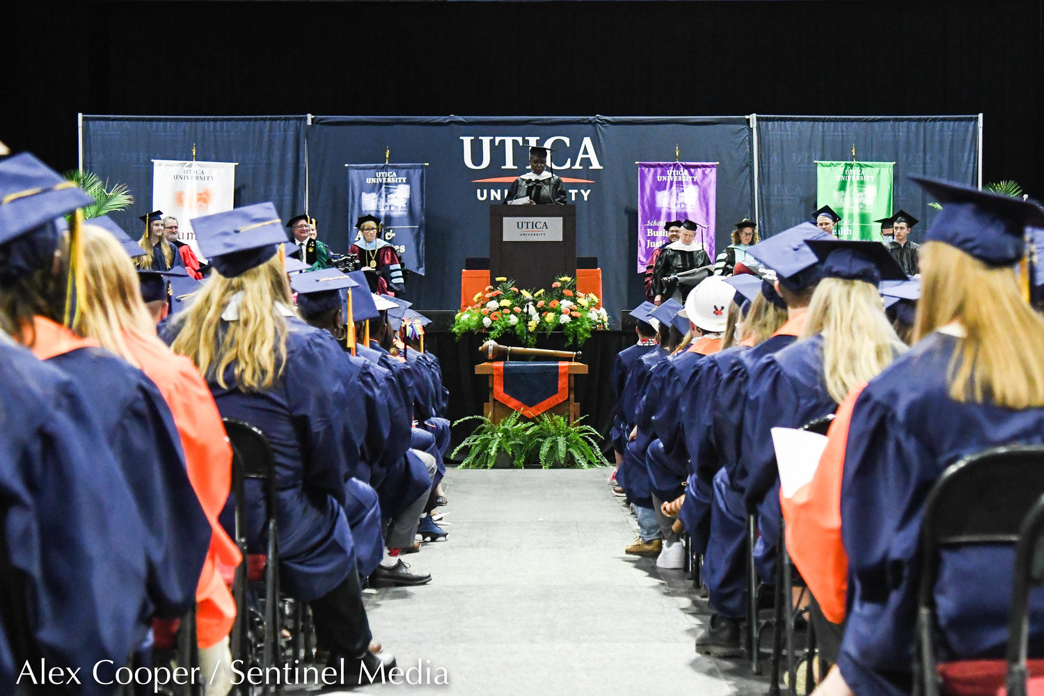 Justice Janet Malone, a 1986 graduate of Utica University, speaks during the school's commencement ceremony on Thursday at the Adirondack Bank Center at the Utica Memorial Auditorium.