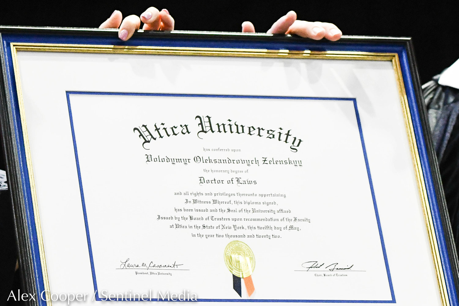 Utica University conferred an honorary degree upon Volodymyr Zelenskyy, the president of Ukraine, during the ceremony on Thursday at the Adirondack Bank Center at the Utica Memorial Auditorium.