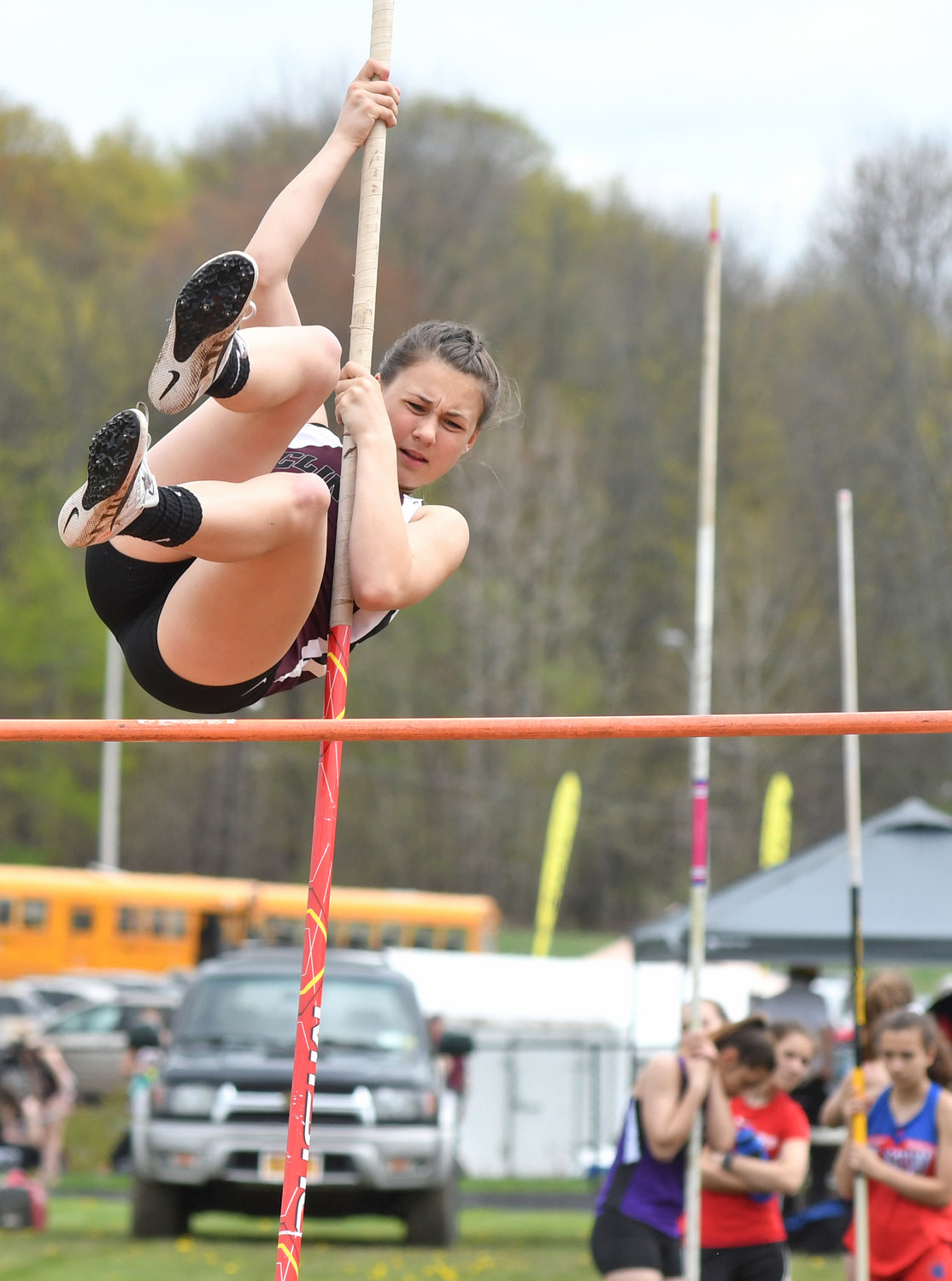 Clinton’s Claire Barone, shown in 2019 during an event, recently set the school record with a mark of 10 feet, five inches. She plans to participate in the pole vault along with lacrosse in college.