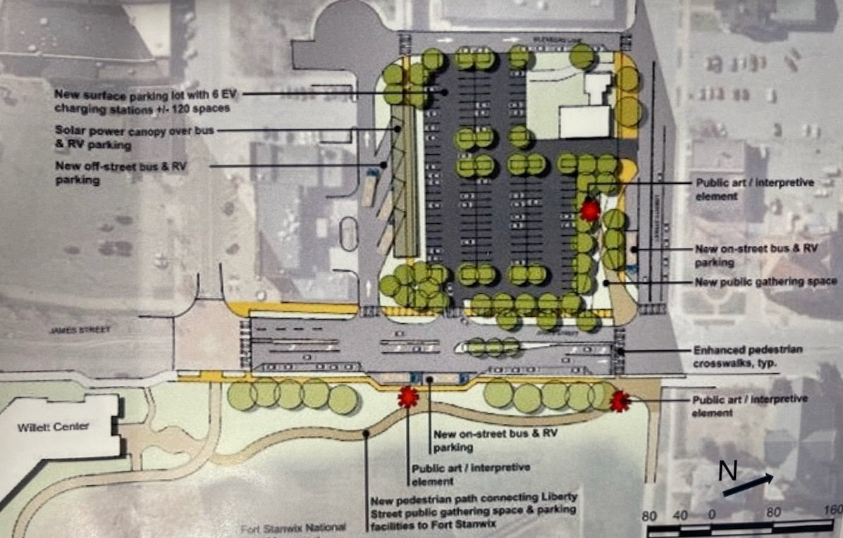 This is a concept drawing of one of the options Common Council members could vote on that would replace the current dilapidating Liberty-James Street  Parking  Garage in Downtown Rome. It includes demolition of the old  garage and a new surface lot built to replace it, with about 135 parking spaces and green space.