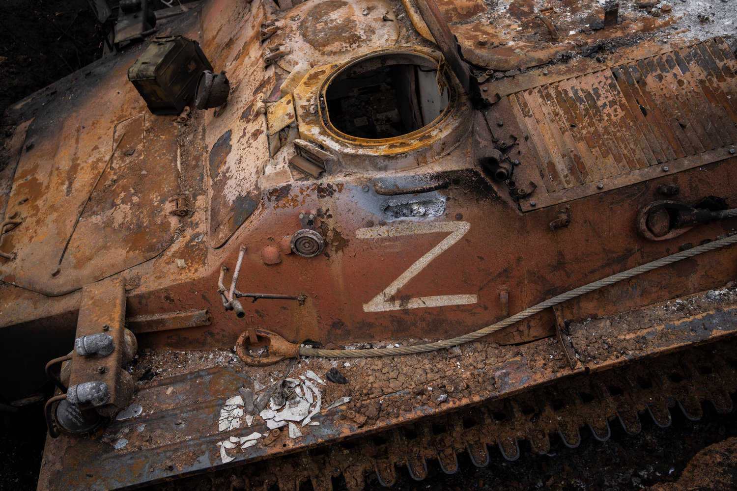 The letter Z, which has become the Russian emblem for the war, is seen on a Russian APC near Kutuzivka, Ukraine, Friday.