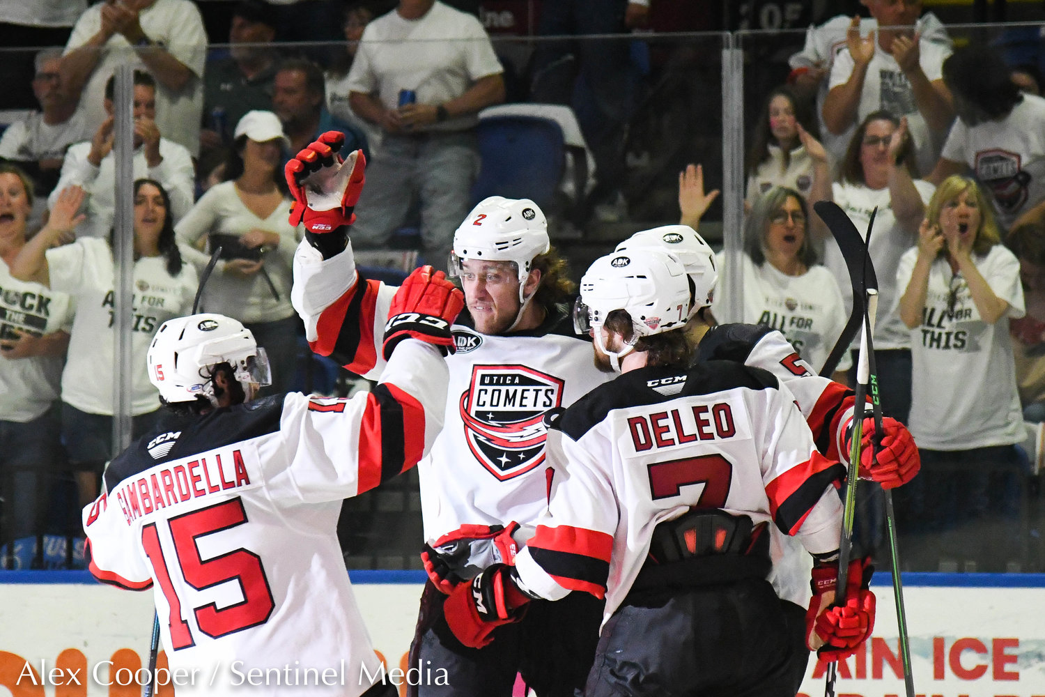 Comets players celebrate a goal during the playoff game against Rochester on Saturday.