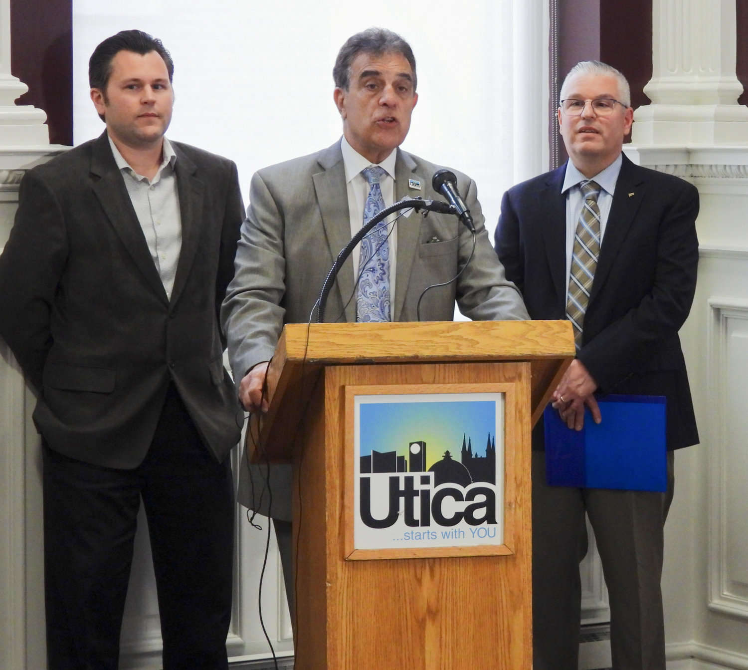 Utica Mayor Robert Palmieri thanks Barton & Loguidice for their commitment and investment in Utica at a press conference on Monday at the B & L's new office at 70 Genesee Street in Utica, formerly the Commercial Travelers building.