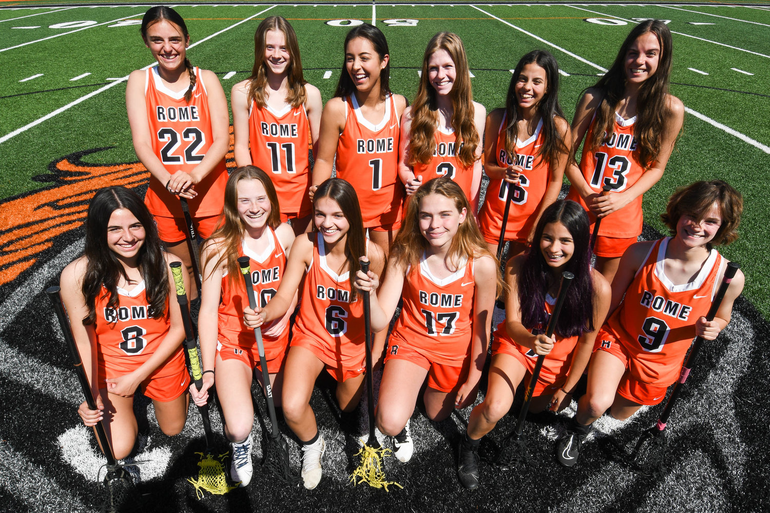 Six sets of sisters play together on Rome Free Academy’s girls lacrosse team. There’s identical twins Fiona and Isibeal McMahon (11 and 10) as well as two other sets of twins — Chase and Shannen Calandra (13 and 9) and Giavonna and Jenavieve Cianfrocco (16 and 7). The other sisters are Danielle and Alyssa D’Aiuto (1 and 6), Brynn and Amelia Furbeck (2 and 17) and Drew and Danielle Kopek (22 and 8).