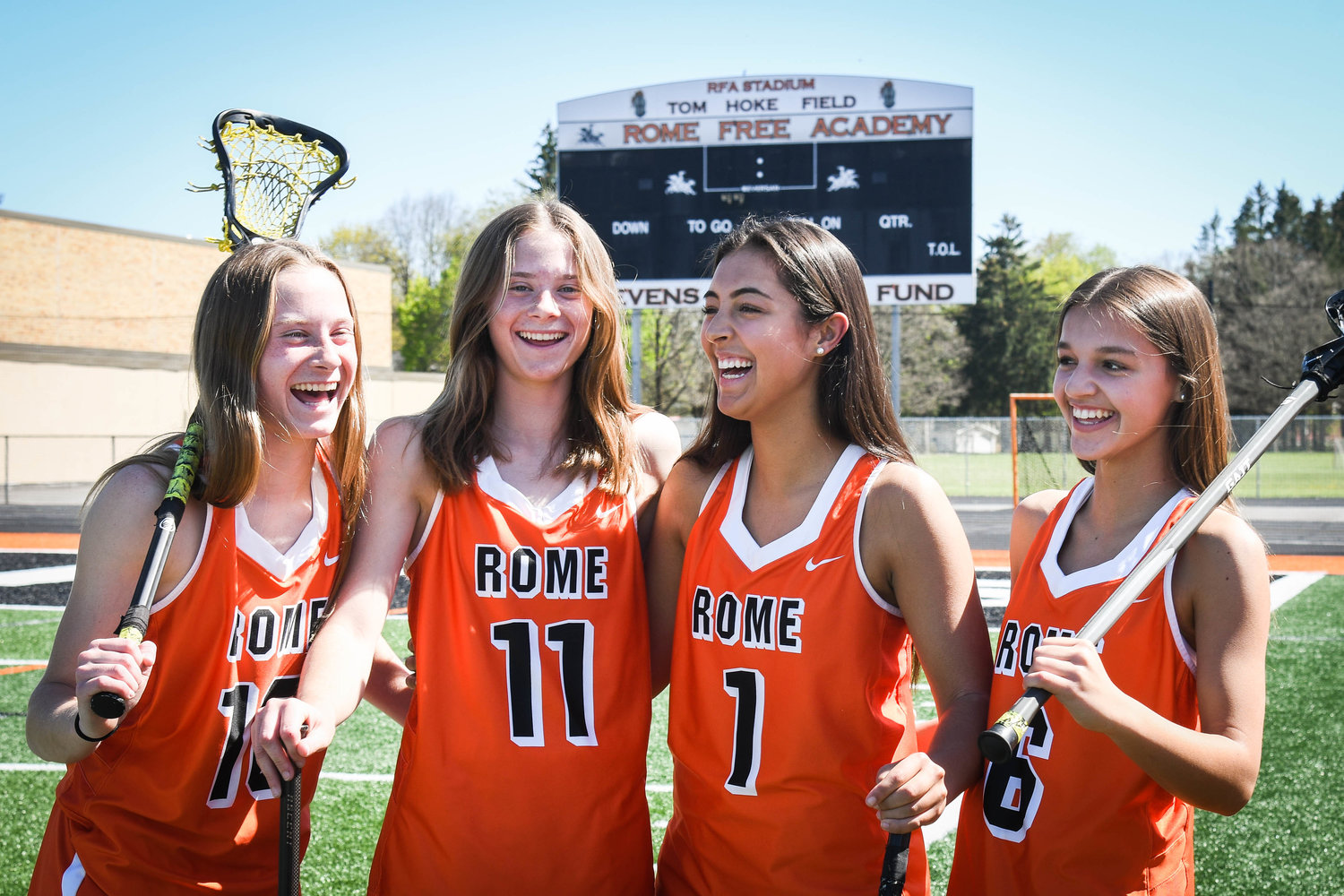 From left, are twins Isibeal and Fiona McMahon and sisters Danielle and Ally D’Aiuto. There are six sets of sisters on the Rome Free Academy girls lacrosse team. The Black Knights are 11-3 overall and 7-0 in the Tri-Valley League.