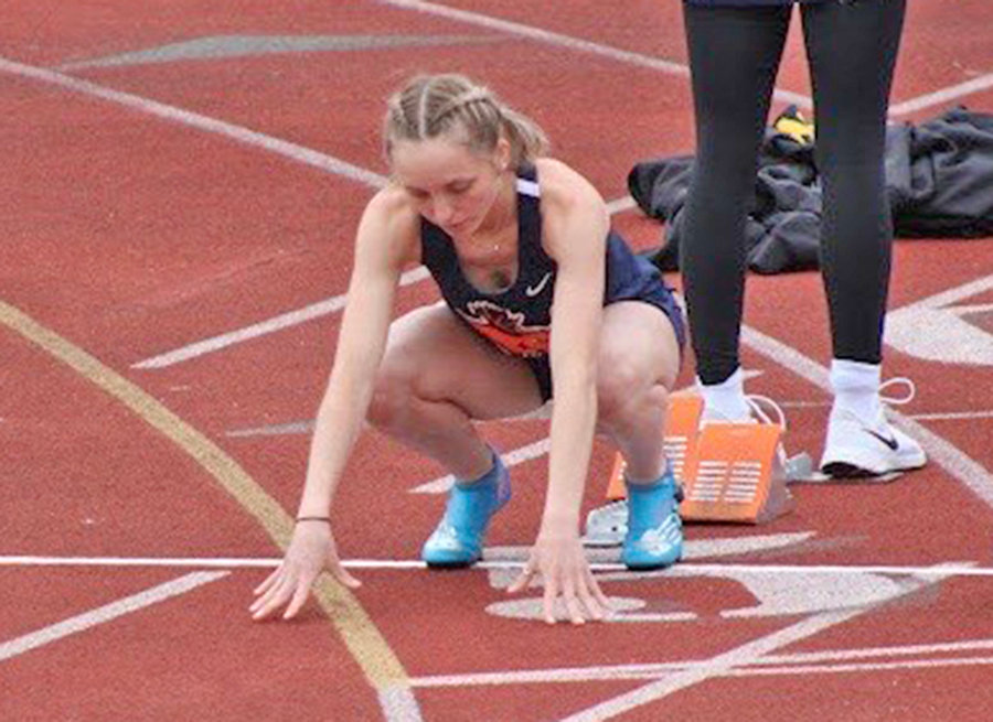 Utica University freshman Mackenzie Mix is pictured before the 100-meter dash at the Empire 8 Championships.