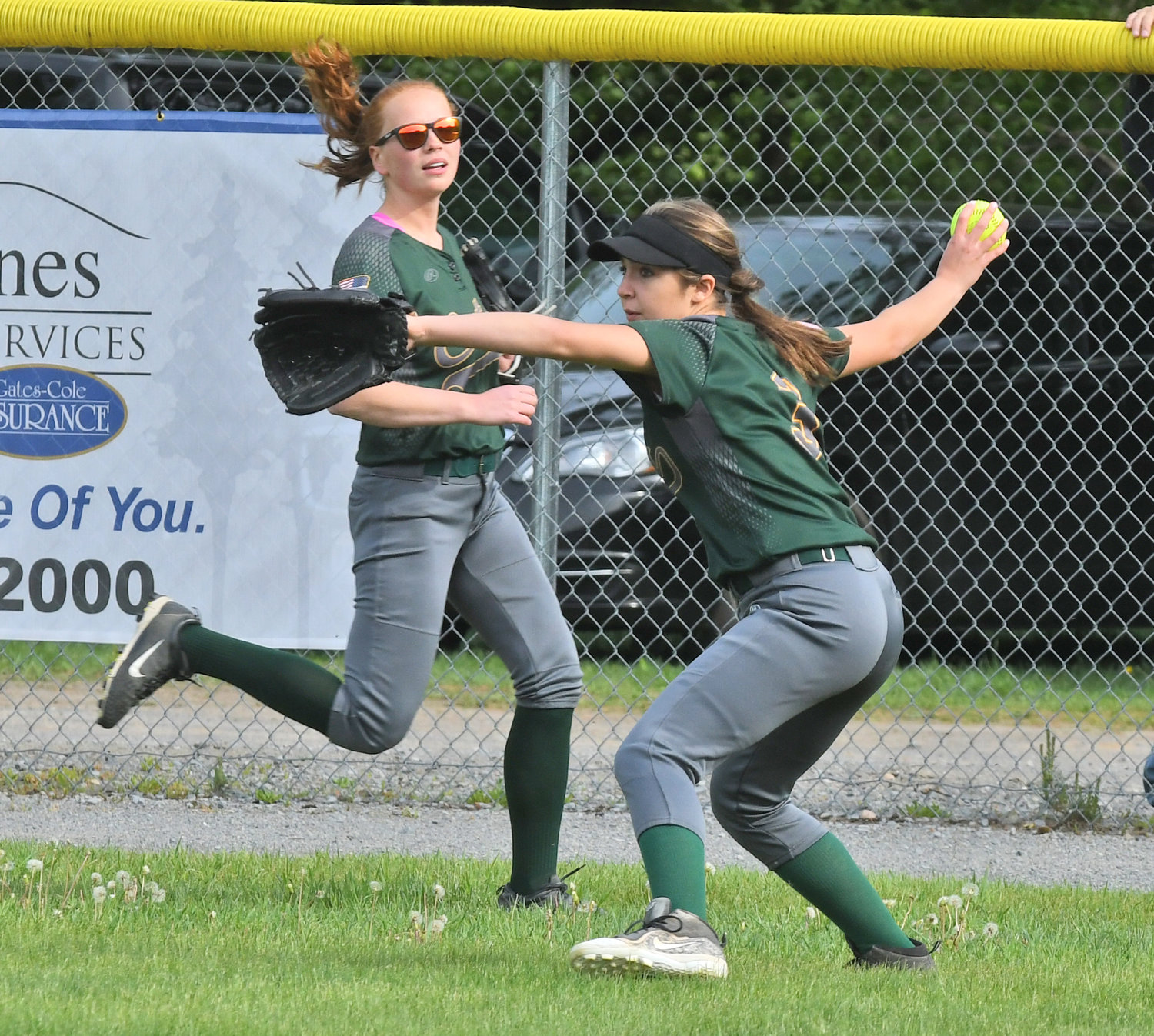 Adirondack's Mariah Depan fires the ball in from the outfield after a Utica Notre Dame hit Monday. Kaitlin Gallo backs her up on the play. The 16th seed Wildcats were hosting the 17th seeded Jugglers in the first round of the Section III Class C playoffs. The visitors came away with a 5-1 win.