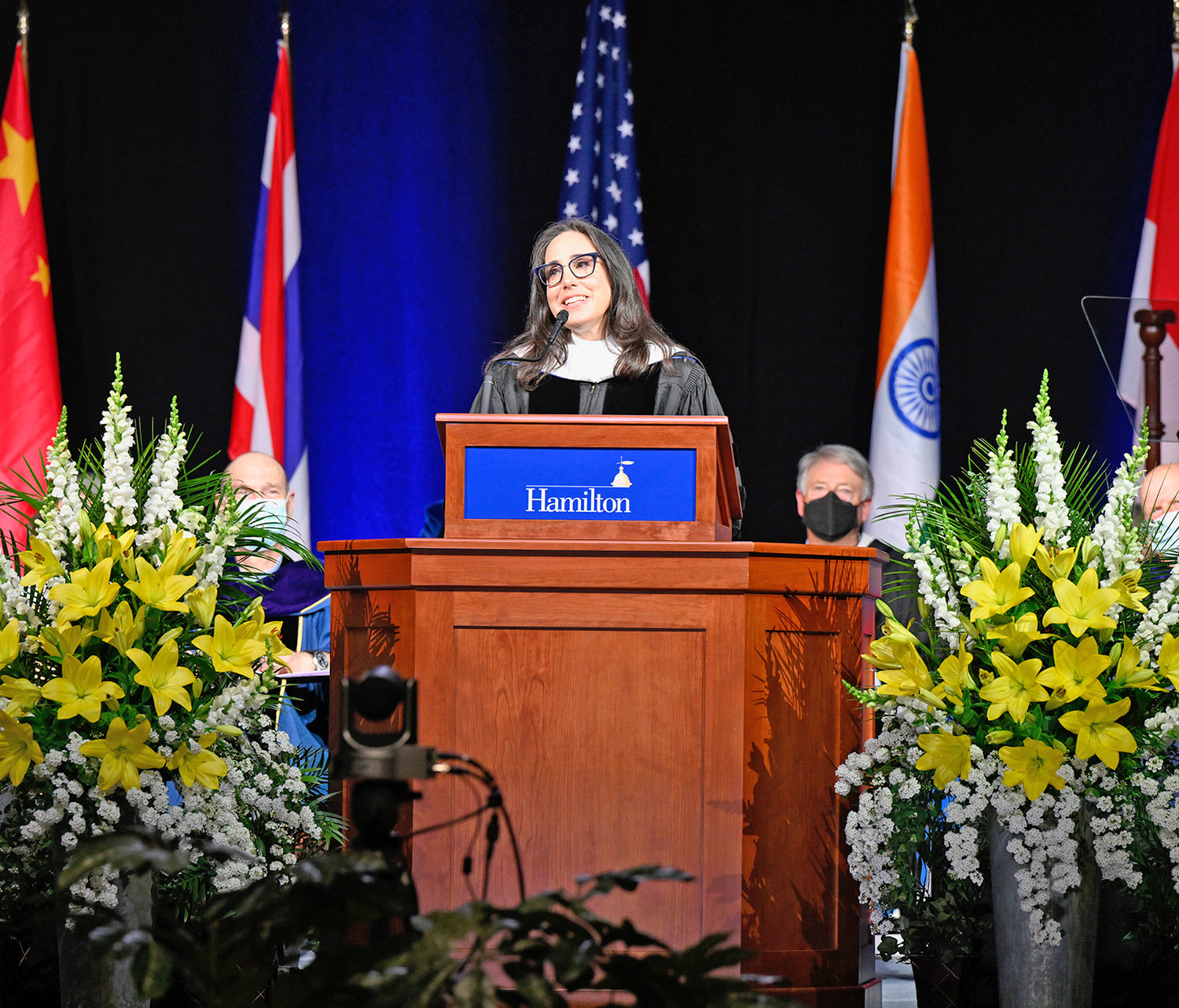 Gillian B. Zucker '90 speaks to the class of 2022 during the Commencement ceremony in the Scott Field House at Hamilton College on Sunday, May 22, 2020 in Clinton, NY.    (PHOTO BY NANCY L. FORD )