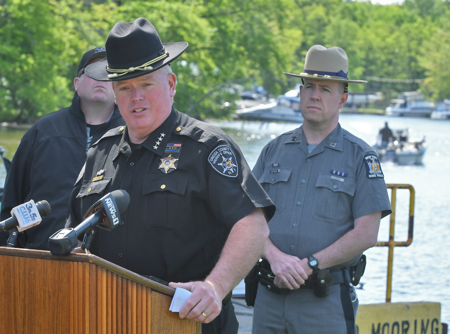 Oneida County Sheriff Robert M. Maciol visited Sylvan Beach Tuesday morning to give his annual speech on water and boater safety. Maciol said all people on a boater need a life jacket, and all boaters will need to have a boater safety certificate by 2025. He was joined by Sgt. Scott Kahl and State Police Captain Jason Place.