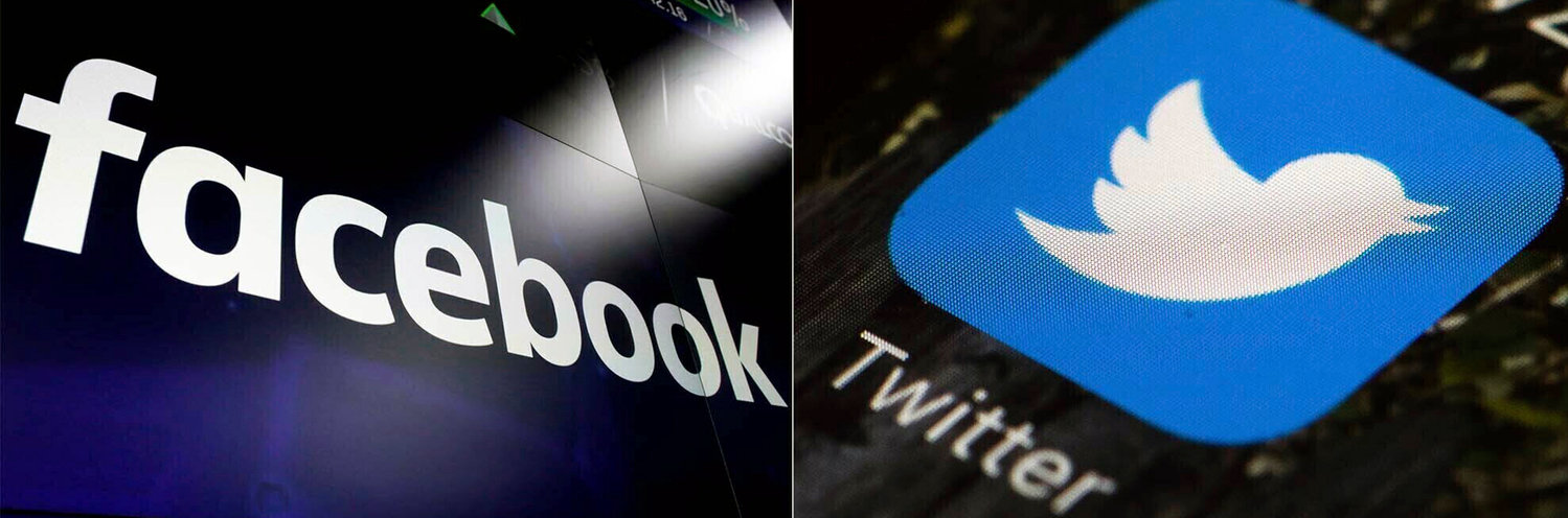 FILE - This combination of photos shows logos for social media platforms Facebook and Twitter. A major New York pension fund that has invested in both Facebook‚Äôs corporate parent and Twitter believes it‚Äôs time to shake up the companies‚Äô boards of directors because of their inability to keep violent content off their influential social media services. (AP Photo/File)