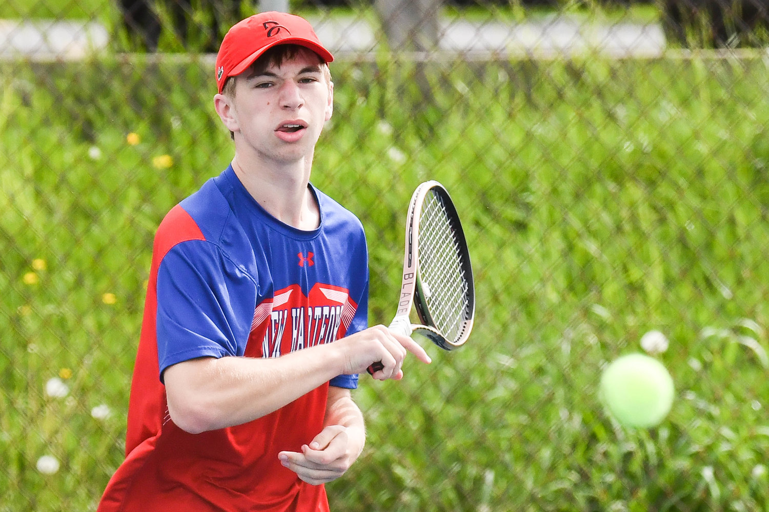 New Hartford’s David Fenner competes in the Section III Class B postseason in first singles at the Parkway Center tennis courts in Utica, which he won. Fenner has earned a spot at states for his performances at the Section III state qualifier this week at the Parkway. He was playing Thursday in the finals of the qualifier though results were not available at press time.