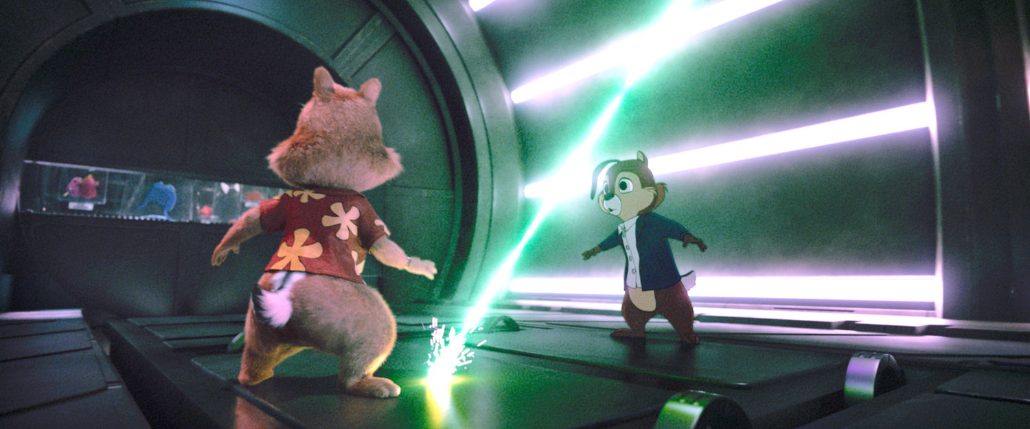 Characters Dale, voiced by Andy Samberg, left, and Chip, voiced by John Mulaney, in “Chip ‘n Dale: Rescue Rangers.”