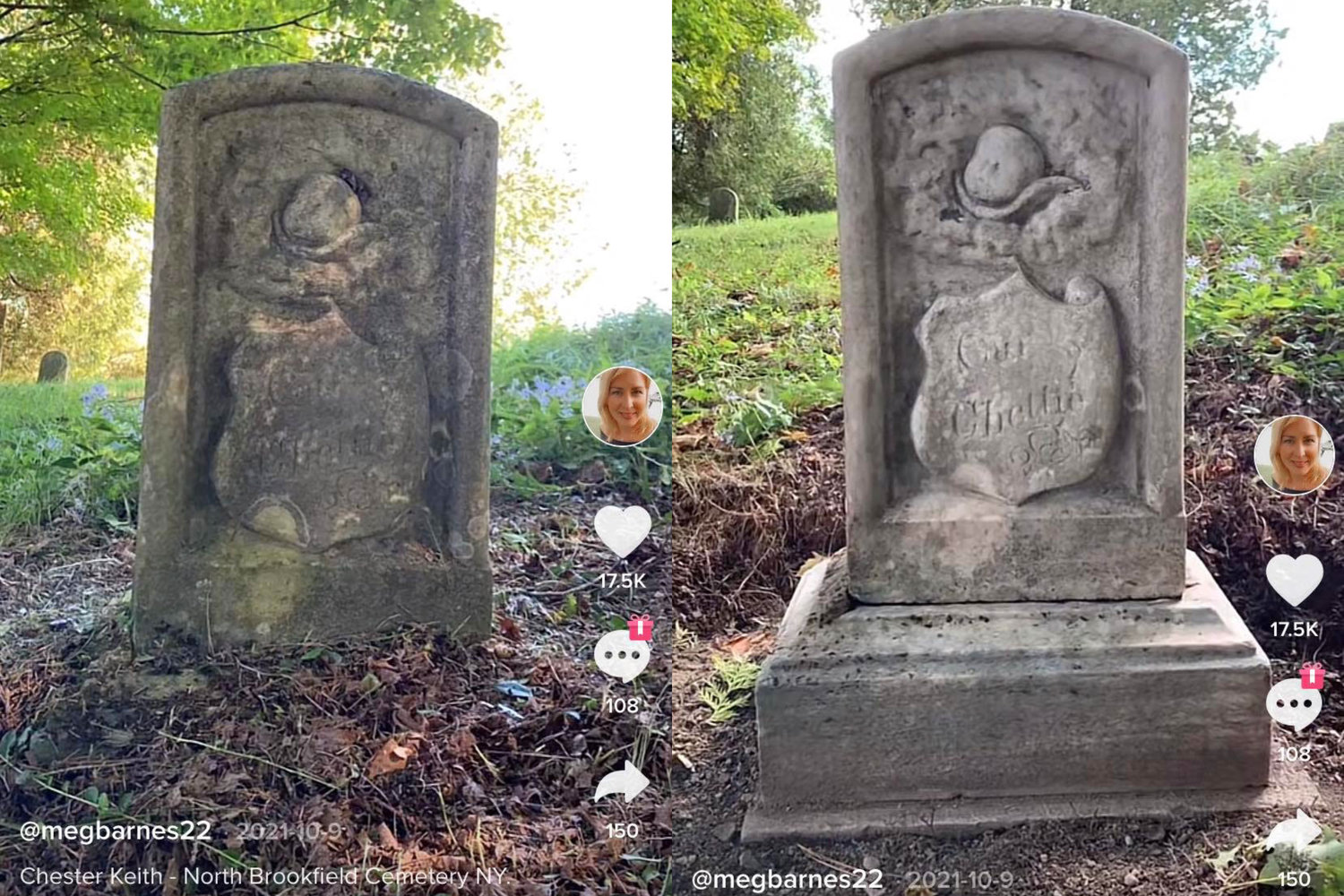 Pictured is the headstone of Chester Keith, located at North Brookfield Cemetery. On the left is before Megan Barnes cleaned the stone; on the right is after.