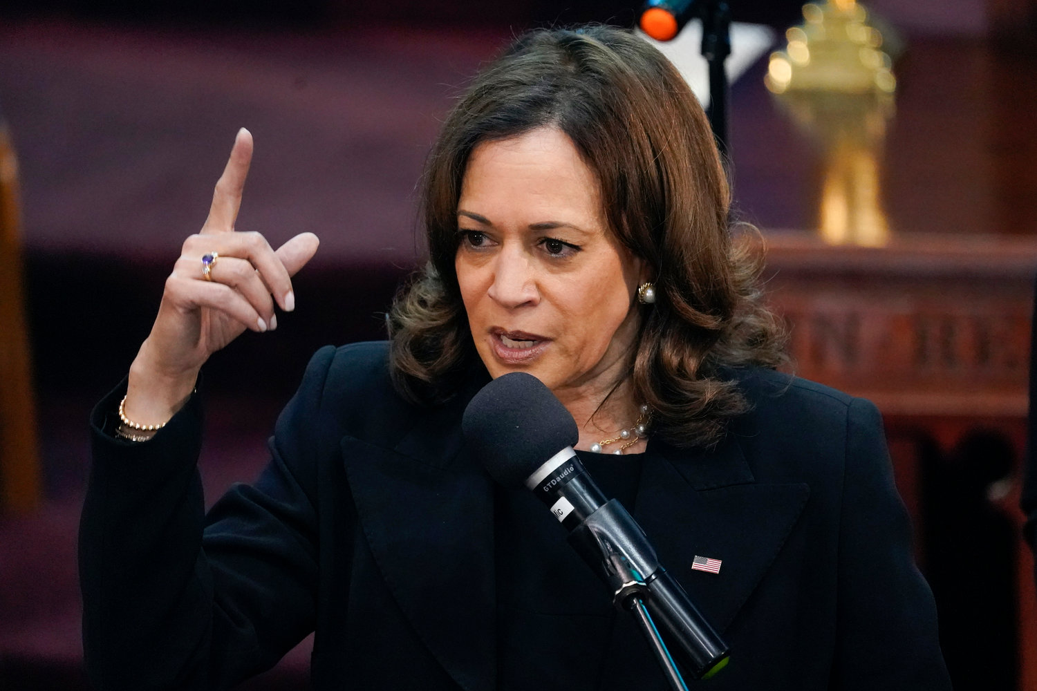 Vice President Kamala Harris speaks at a memorial service for Ruth Whitfield, a victim of the Buffalo supermarket shooting, at Mt. Olive Baptist Church, Saturday, May 28, 2022, in Buffalo, N.Y.