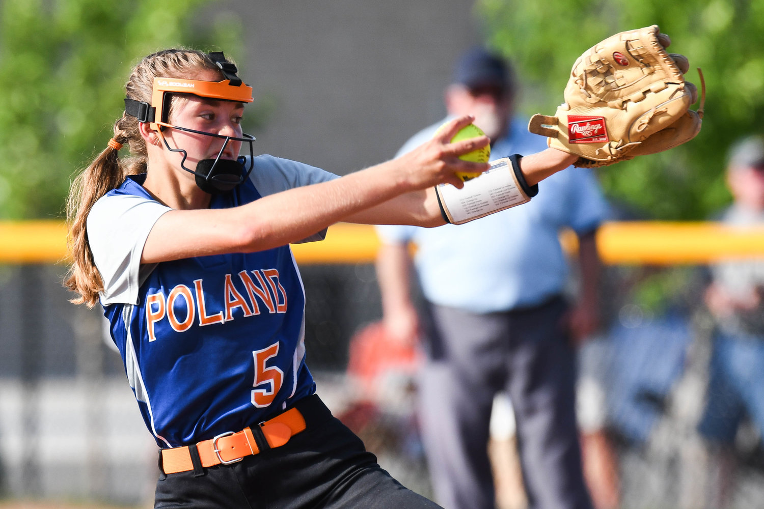 Poland player Shelbi Hagues delivers a pitch during the Section III Class D final against Oriskany on Tuesday at Carrier Park in Syracuse. Oriskany won 5-4.
