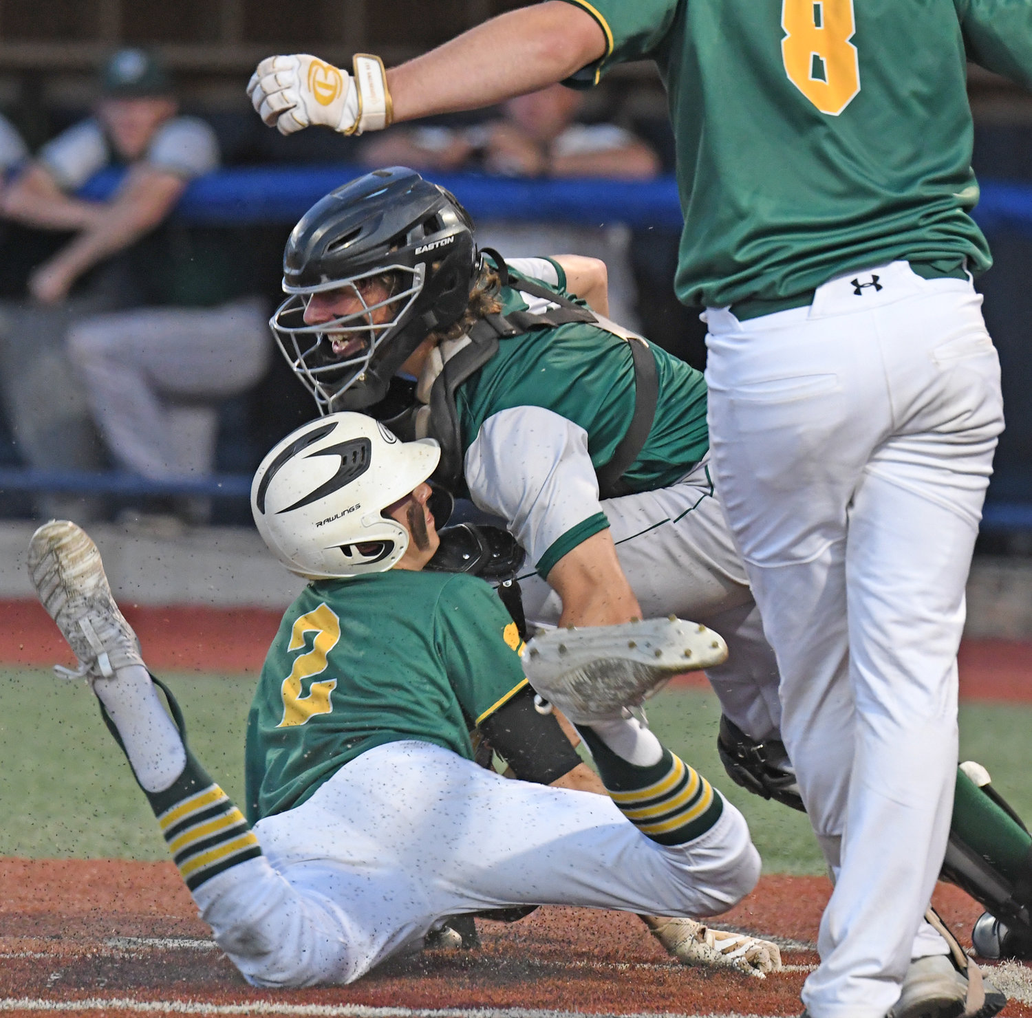 Adirondack baserunner Kreedon Rogers is tagged out by Westmoreland catcher Jerry Fiorini in his attempt to steal home in the fifth inning of his team's 6-2 win in the Section III Class C title game at Onondaga Community College.