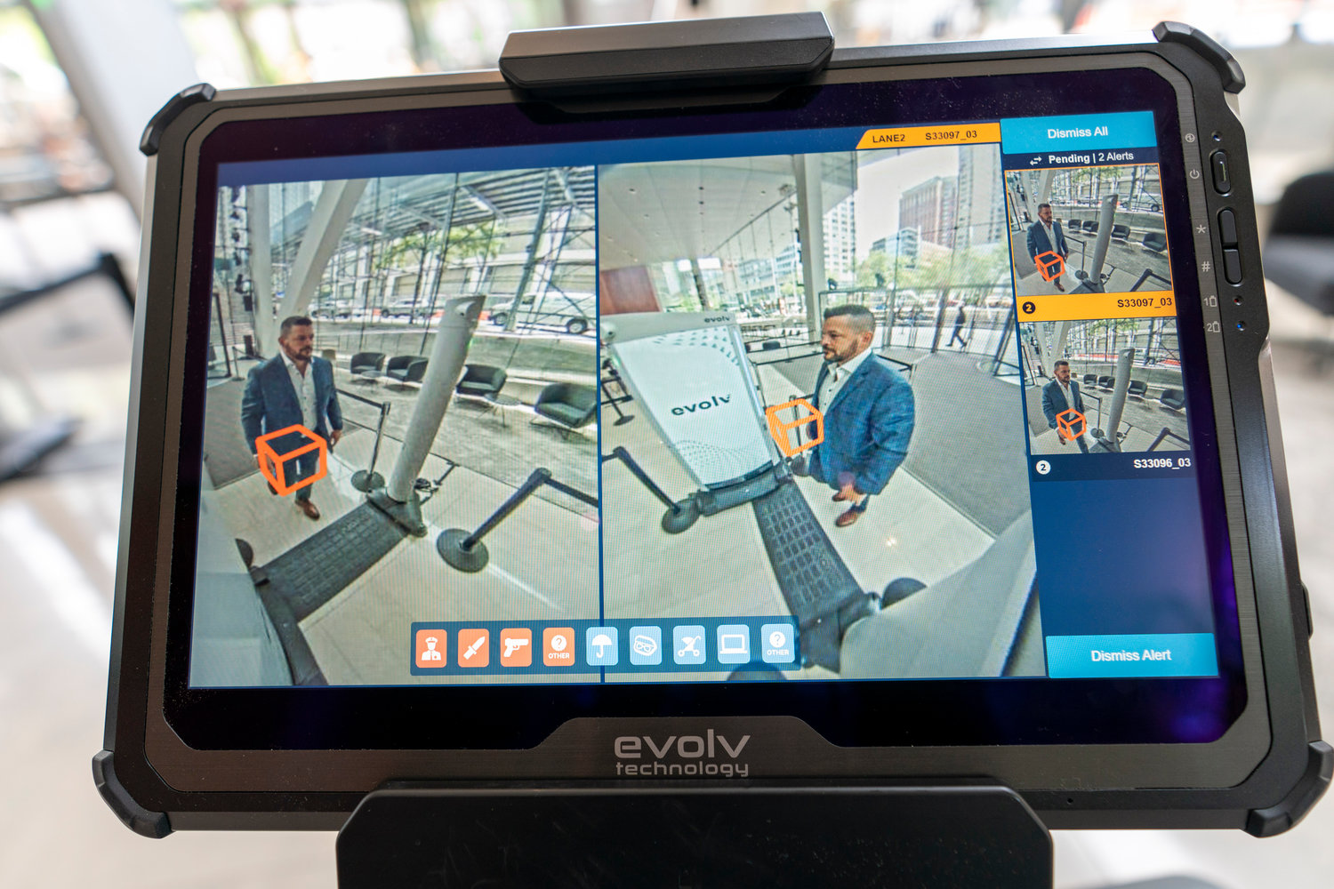 The Evolv Express weapons detection system flags a weapon that Dominck D’Orazio, Evolv Technology account executive, wears on his hip while demonstrating the system, Wednesday, May 25, 2022, in New York City.