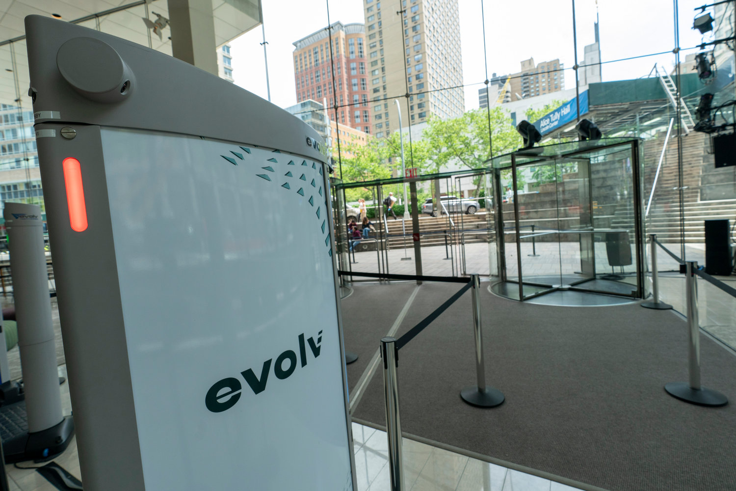 The Evolv Express weapons detection system lights up red as it flags a weapon that Dominck D'Orazio, Evolv Technology account executive, wears on his hip while demonstrating the system, Wednesday, May 25, 2022, in New York. (AP Photo/Mary Altaffer)