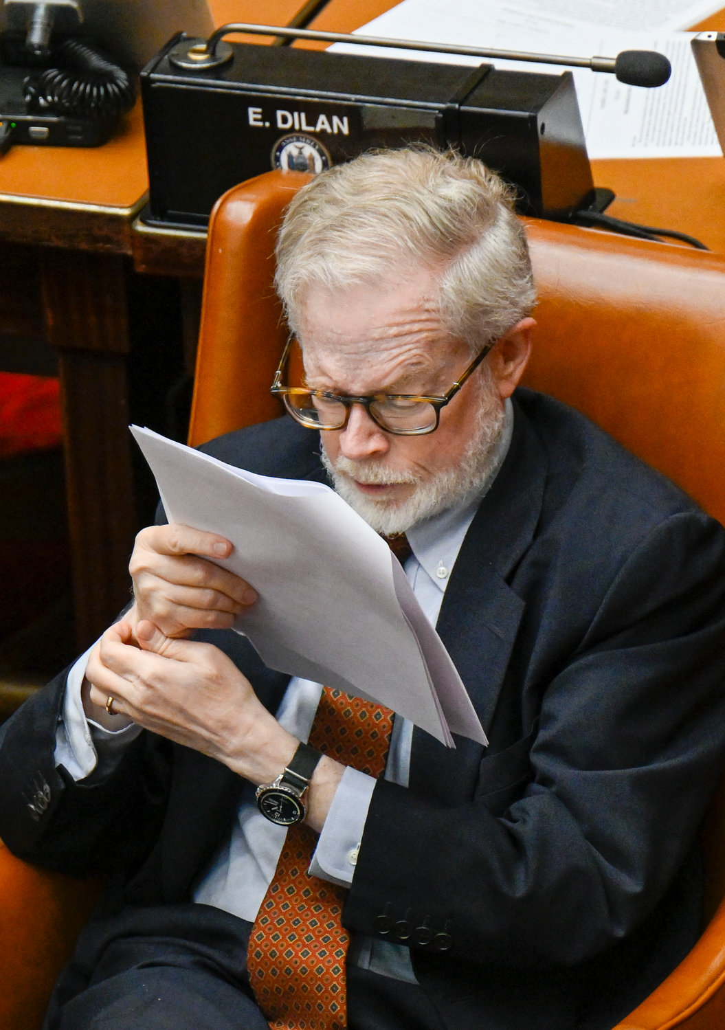 Assemblyman Richard Gottfried, D-Manhattan, who is retiring after 52 years in the Assembly, works on legislative bills ending his run as the longest-serving lawmaker in state history at the state Capitol on the last scheduled day of the 2022 legislative session, Thursday, June 2, 2022, in Albany, N.Y. (AP Photo/Hans Pennink)