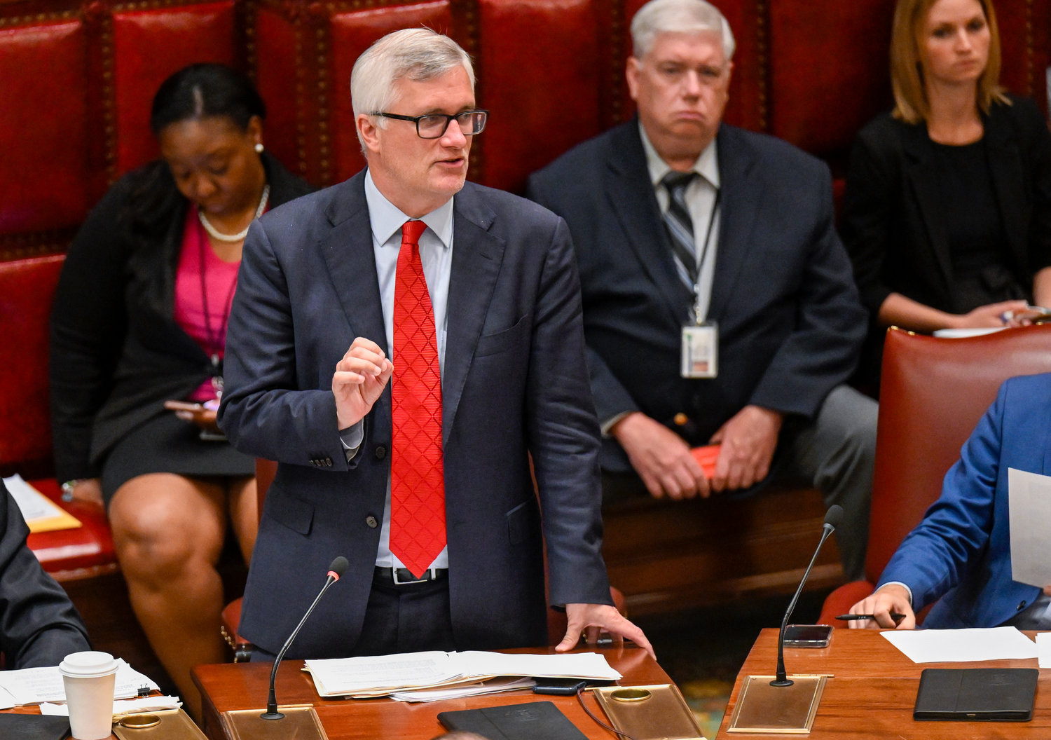 Sen. Brian Kavanagh, D- New York, Manhattan, speaks in favor of a package of gun reform bills restricting body armor at the state Capitol on the last scheduled day of the 2022 legislative session Thursday, June 2, 2022, in Albany, N.Y. (AP Photo/Hans Pennink)