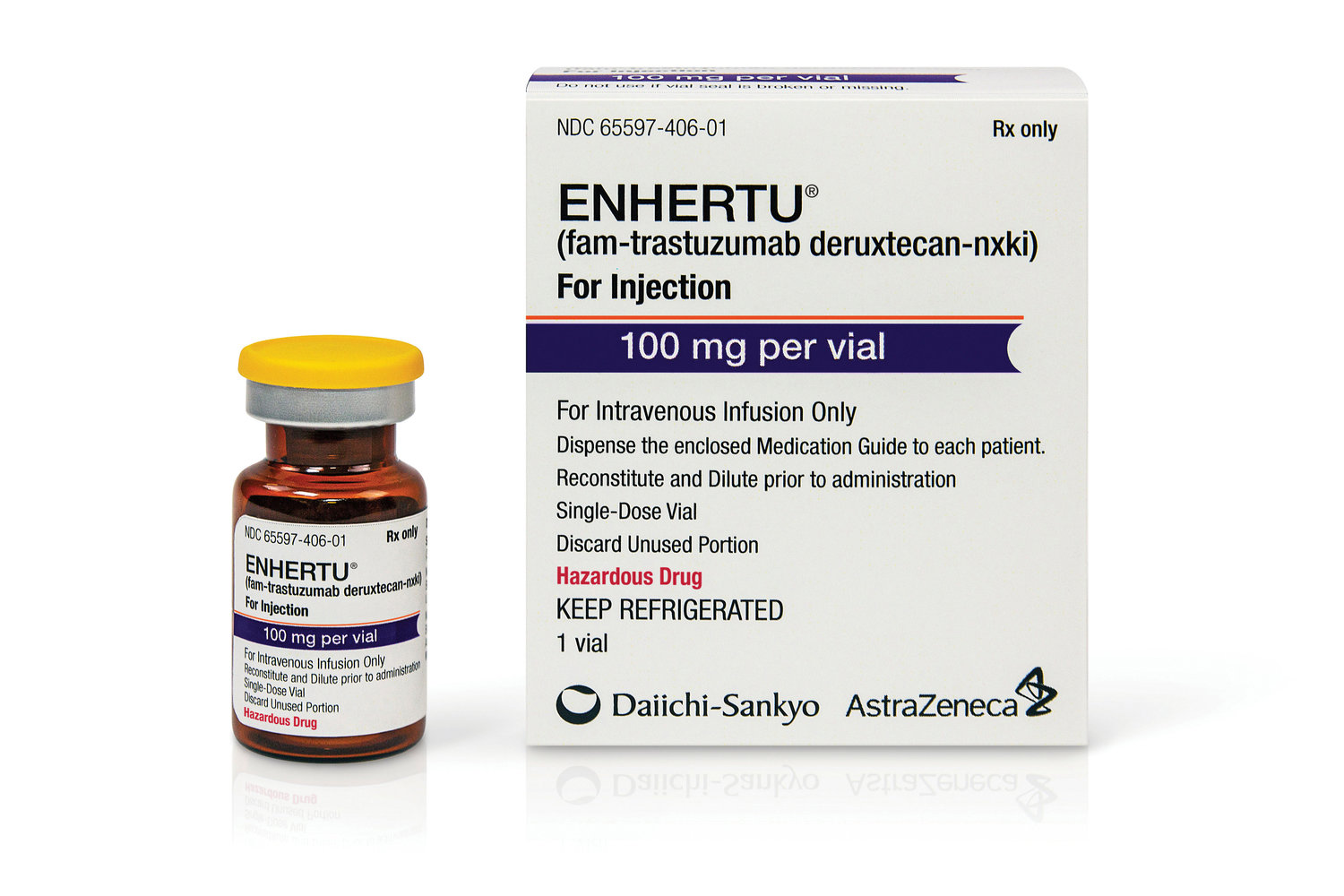 This undated photo provided by Daiichi Sankyo and AstraZeneca in June 2022 shows a vial and packaging for their Enhertu, an antibody-chemotherapy drug administered intravenously.