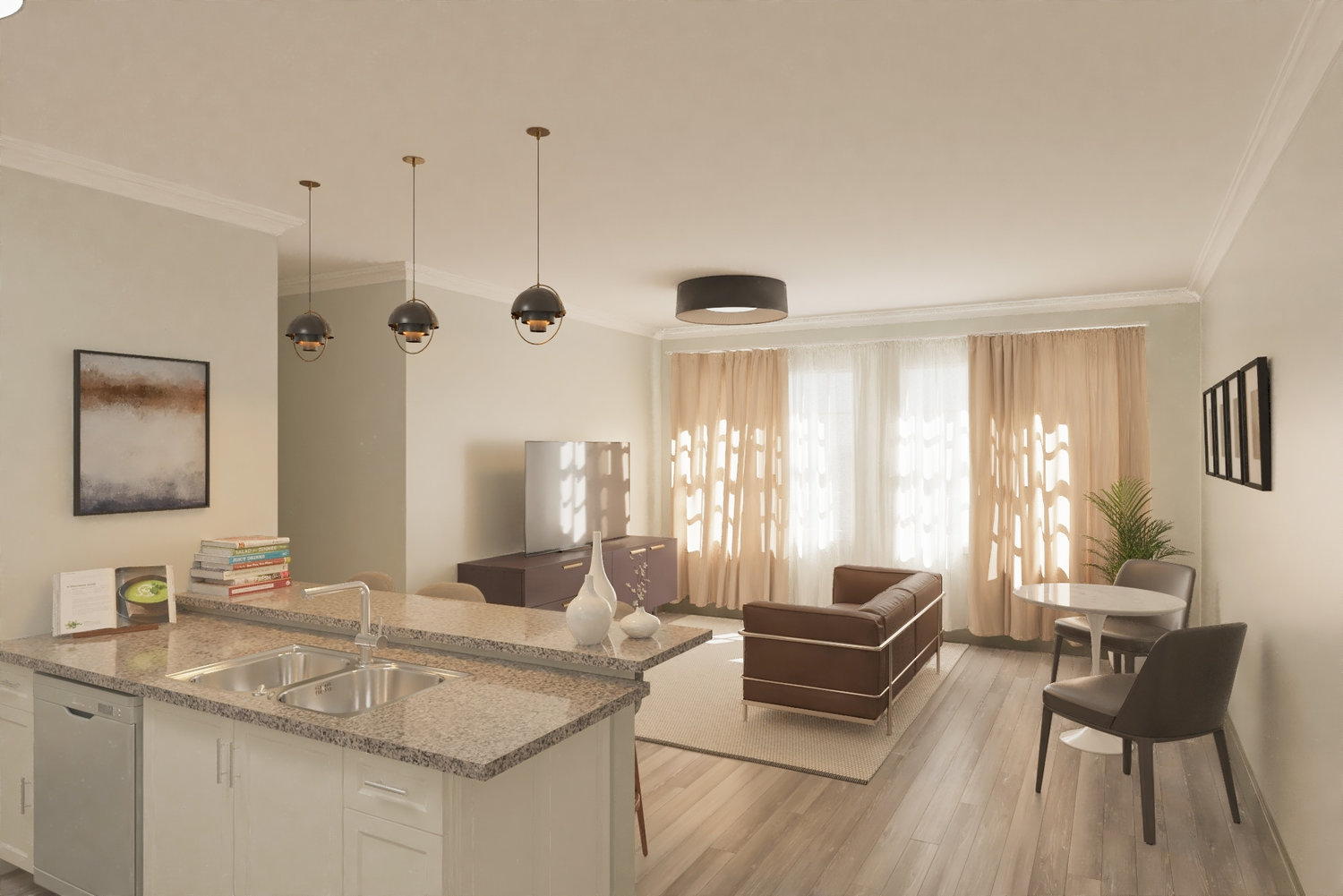 Phase 1 of The Villages at Stoney Creek includes 50 one-, two-, and three-bedroom apartments located next to Turning Stone at significantly below market rates and will be exclusively for new hourly employees relocating to the region. Pictured is a rendering of the apartment interior.