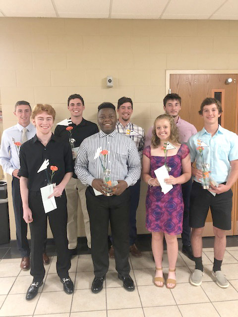 Among the Rome Free Academy seniors receiving scholarships at the 38th Annual Rome Dollars for Scholars awards ceremony were, from left, front row: Kevin O’Neil, Mykel Logan, Laina Beer, and Jack Anderegg; back row:  Edward Rakowski, Joseph Keeney. Marco Macri, and Ryan O’Connell.