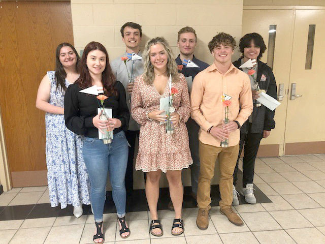 Scholarships ranging from $500 to $3,000 were awarded to graduating Rome Free Academy seniors at the recent Rome Dollars for Scholars awards event. Among recipients were, from left, front row: Amanda Rothfritz, Megan Whitteker, and Max Hunt; back row: Emily Balog, Hayden McMonagle Cody Madonia, and Christian Cobb.