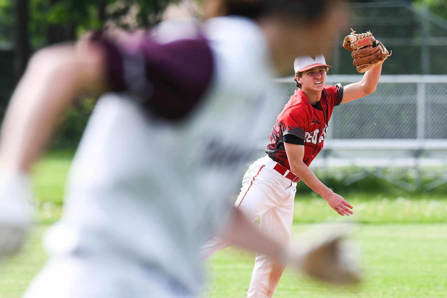Vernon-Verona-Sherrill’s Bryce Palmer makes a throw during a game this spring. Palmer was named the Tri-Valley League’s Pioneer Division Player of the Year.