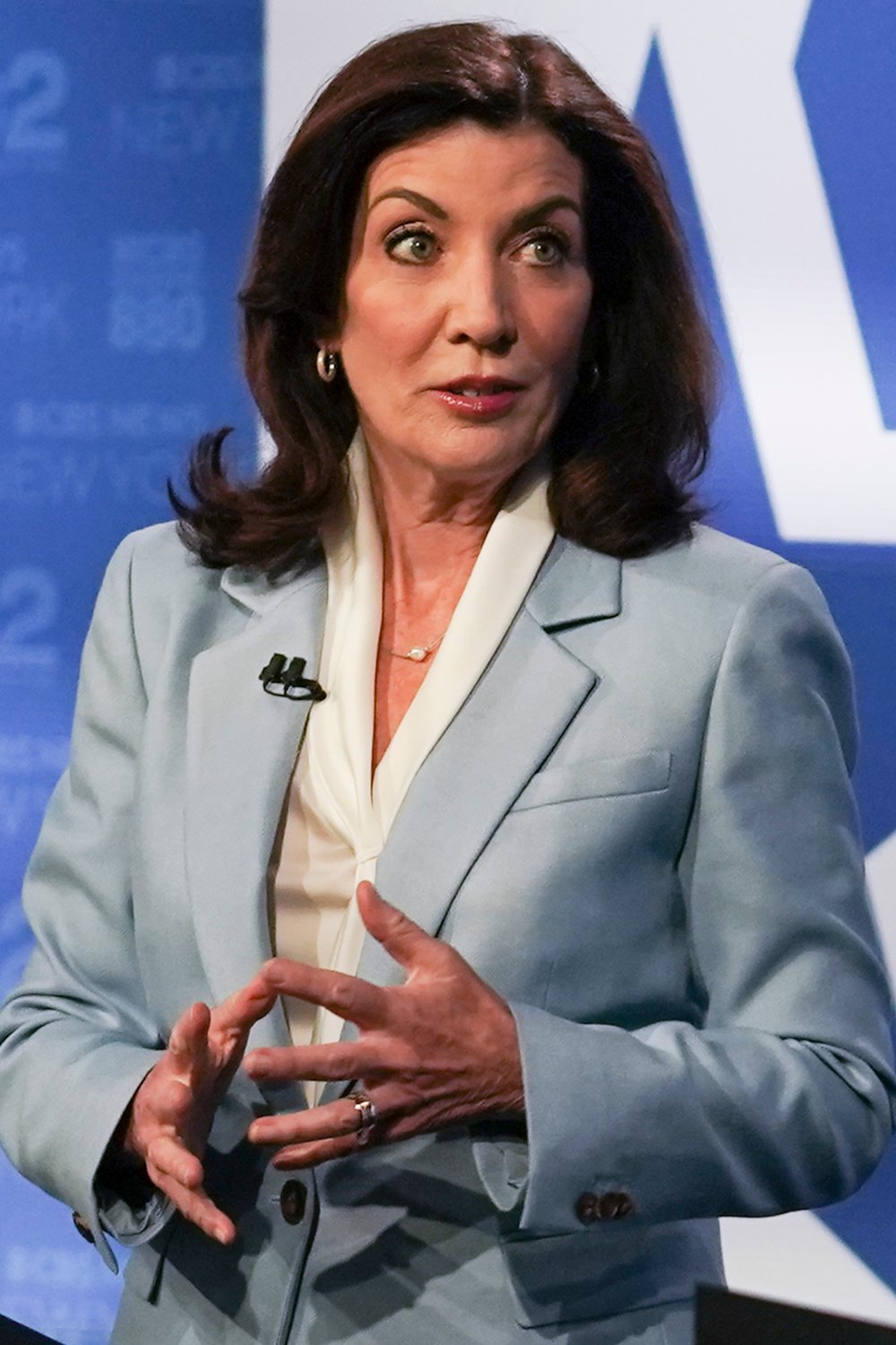 New York Governor Kathy Hochul, speaks during New York's governor primary debate at the studios of WCBS2-TV, Tuesday, June 7, 2022, in New York. (AP Photo/Bebeto Matthews)