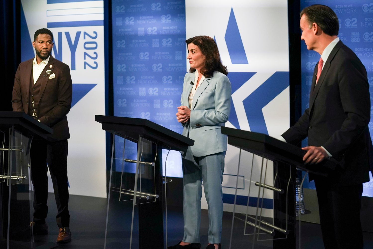 Public Advocate Jumaane Williams, left; Gov. Kathy Hochul, center; and Rep. Tom Suozzi, D-N.Y., prepare to face off during New York's governor primary debate at the studios of WCBS2-TV, Tuesday in New York City.