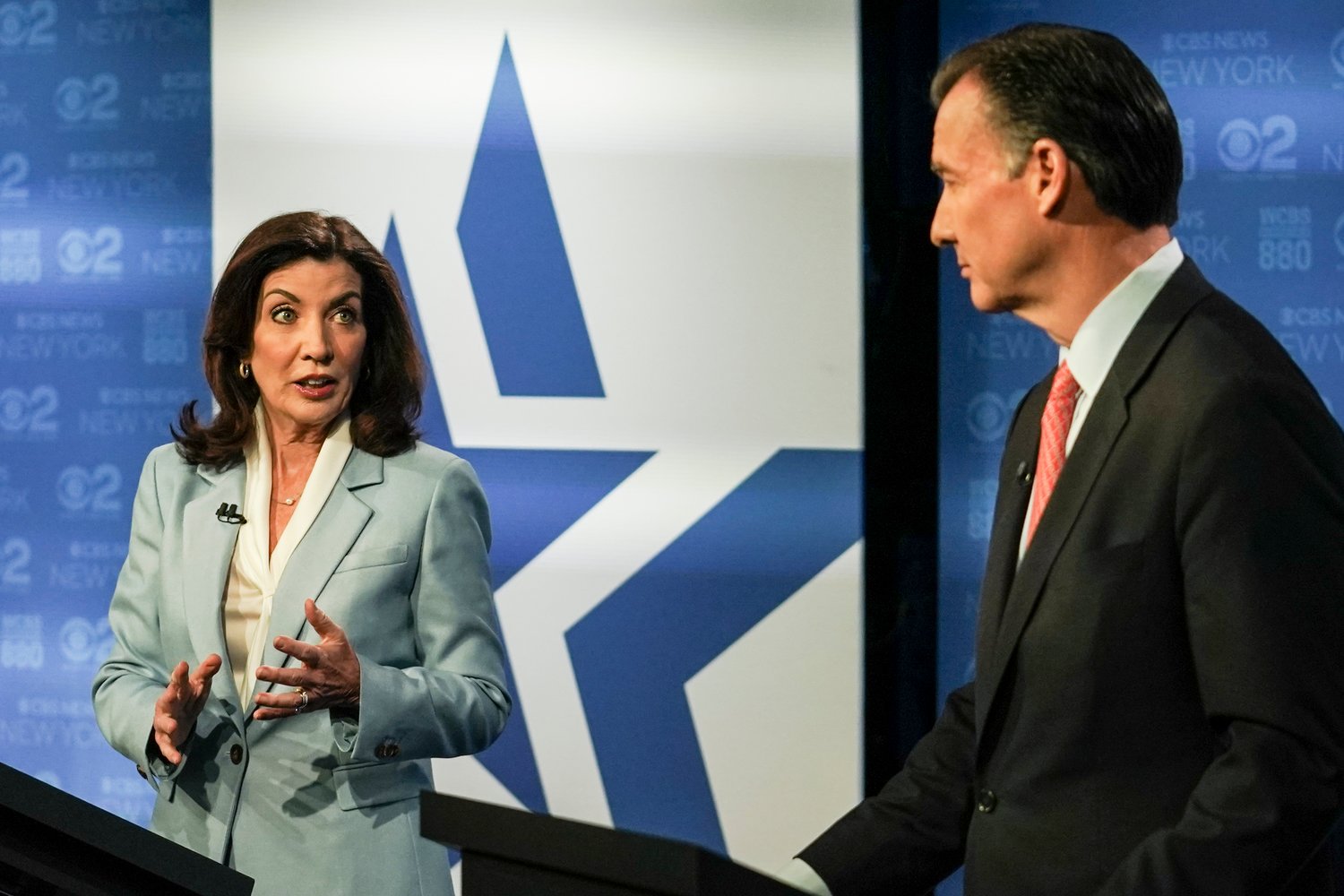 New York Governor Kathy Hochul, left, talks with Congressman Tom Suozzi, D-N.Y, before the New York's governor primary debate at the studios of WCBS2-TV,  Tuesday, June 7, 2022, in New York. (AP Photo/Bebeto Matthews)